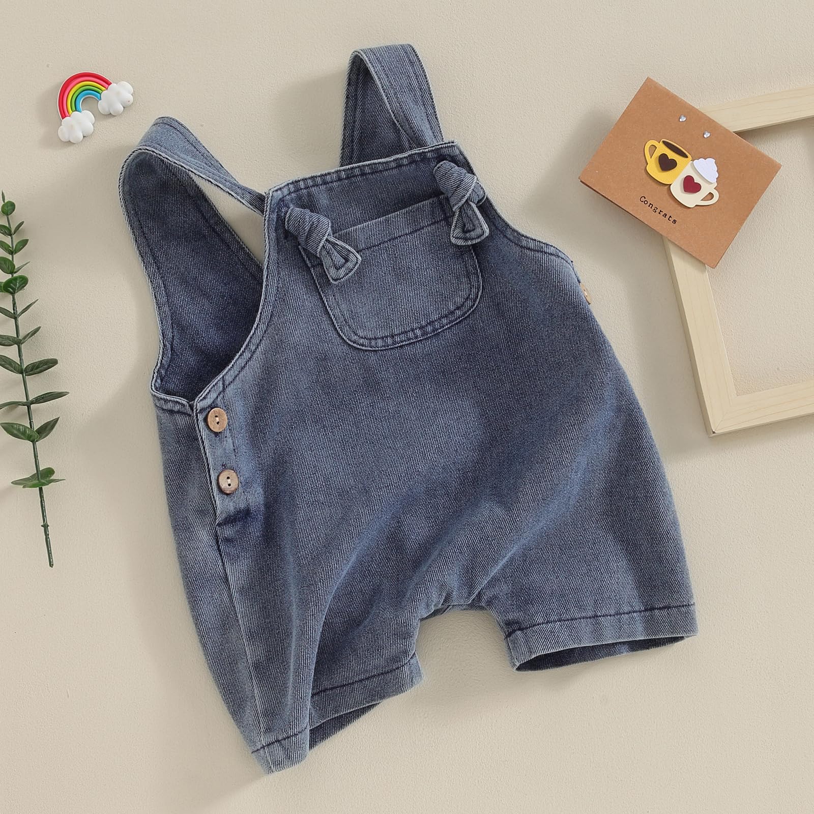 KMBANGI Newborn Baby Girl Denim Overalls Sleeveless Straps Front Pocket Jeans Suspender Shorts Bodysuit Clothes (Blue, 18-24 Months)