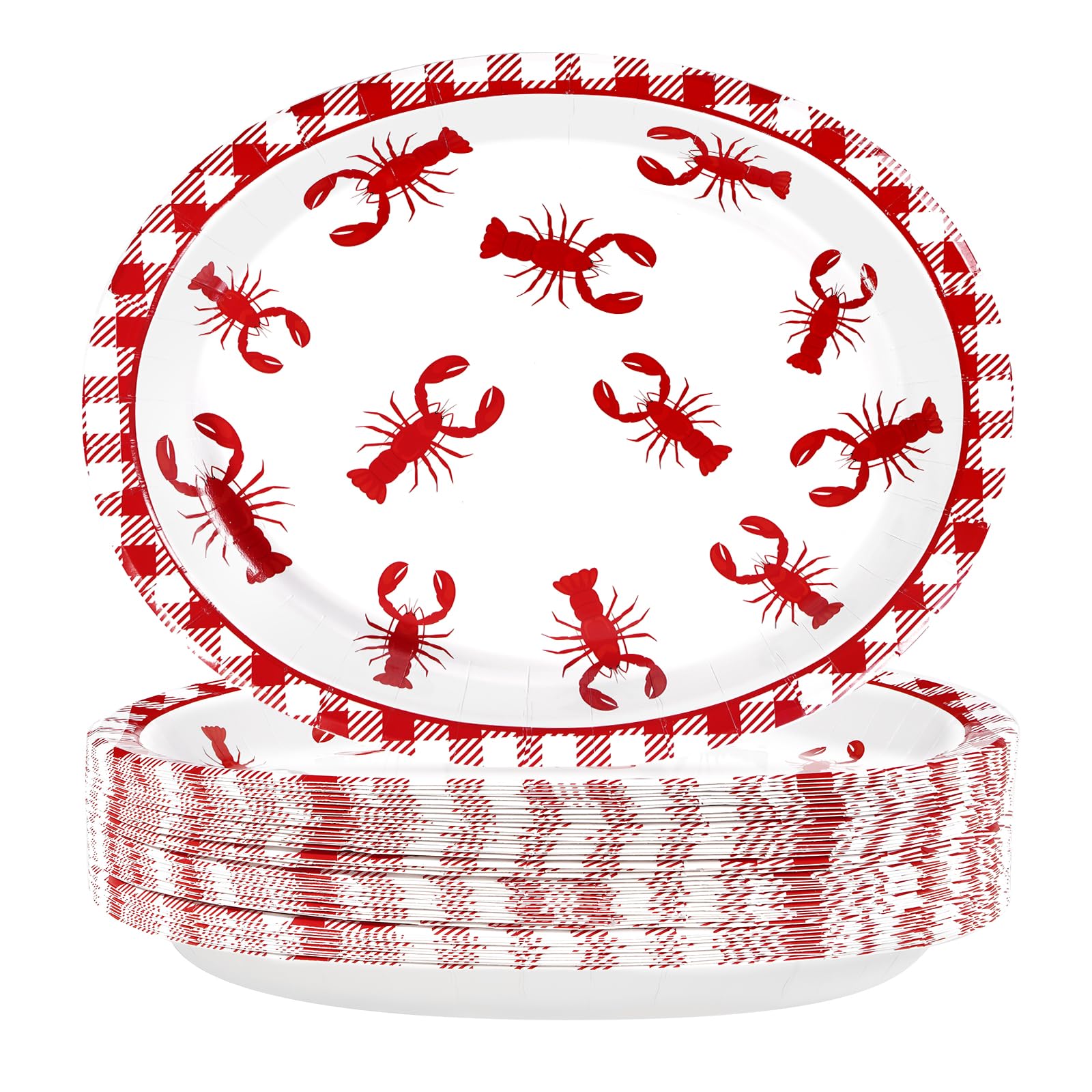 Grencian 50Pcs Crawfish Boil Oval Paper Plates 10" X 12" Disposable Red Grid Pattern Crawfish Party Plates Crawfish Tableware for Lobster BBQ