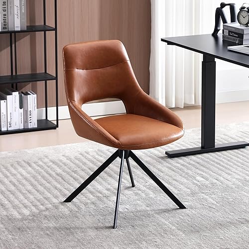 Mid Century Modern Desk Chair No Wheels Set of 1, Small Swivel Accent Chair, Leather Office Chair with Metal Legs, Upholstered Dining Chair for Home Office, Living Room, Bedroom, Brown