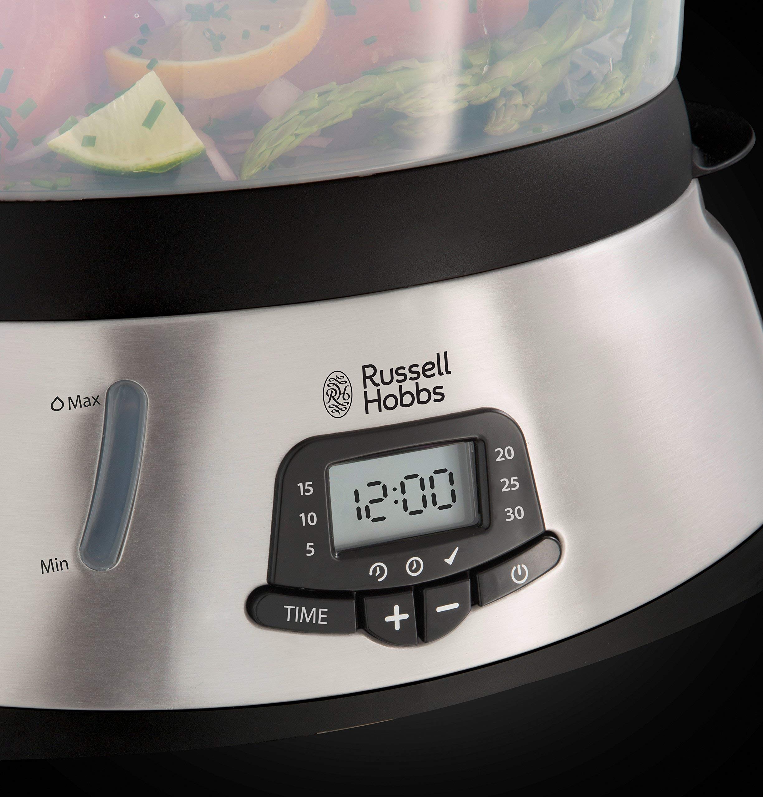 Russell Hobbs Vaporera Maxicook - 3 Recipientes para Cocinar al Vapor, Capacidad 10,5 litros, Cuenco para Arroz, Función Vapor Turbo, Control Digital, Sin BPA, Acero Inoxidable, 1000 W - 23560-56