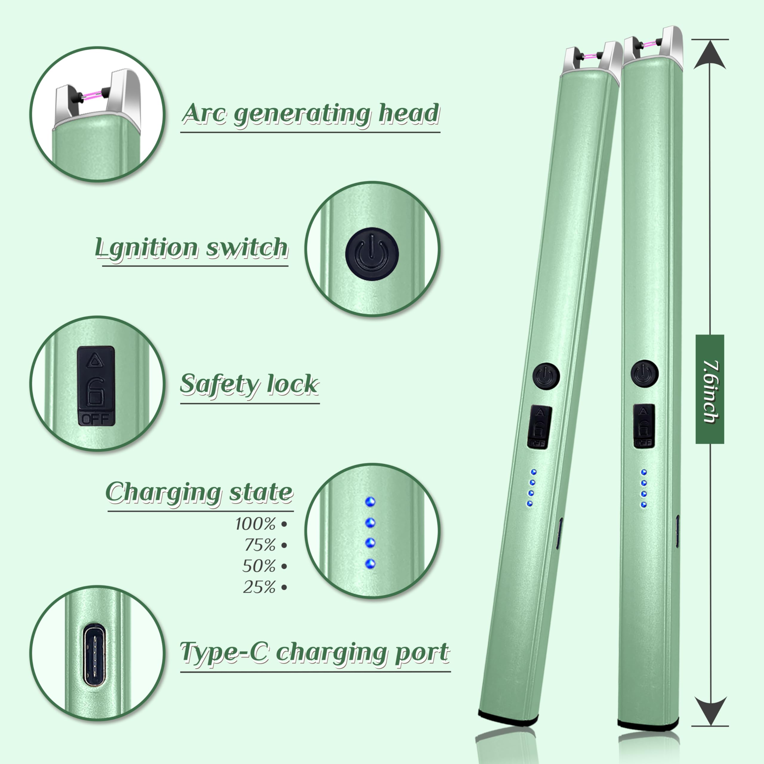 2 accendini elettrici antivento senza fiamma, con display di alimentazione a LED e interruttore di sicurezza, accendini ricaricabili al plasma USB per compleanno, campeggio, barbecue (verde)