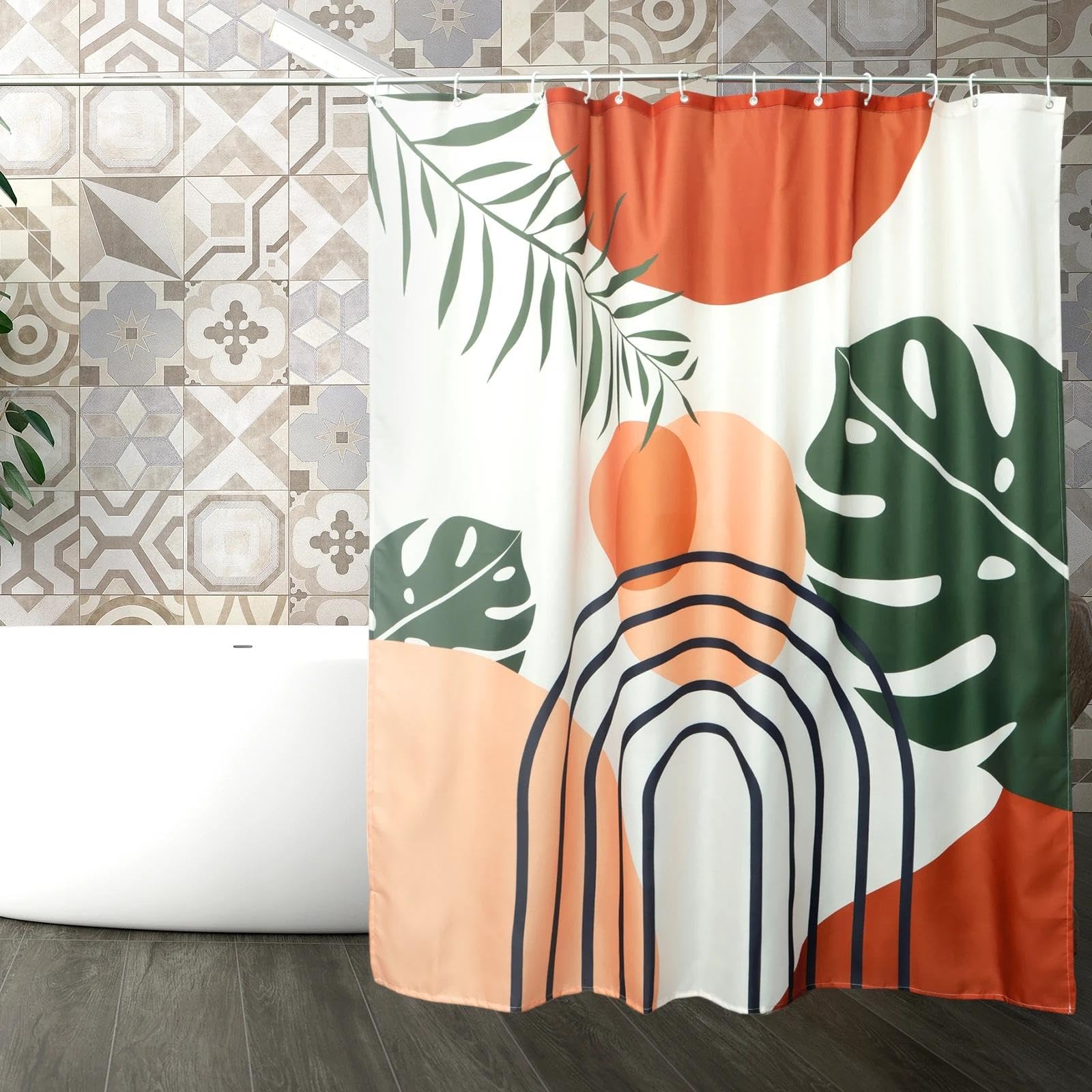 Cortina De Ducha Bohemia De Mediados De Siglo, Moderna Y Abstracta, Minimalista, Con Pintura De Tinta Verde Esmeralda, Para Baño, Impermeable, Geométrica Verde Y Blanca, Con Ganchos, 48 X 72 Pulgadas
