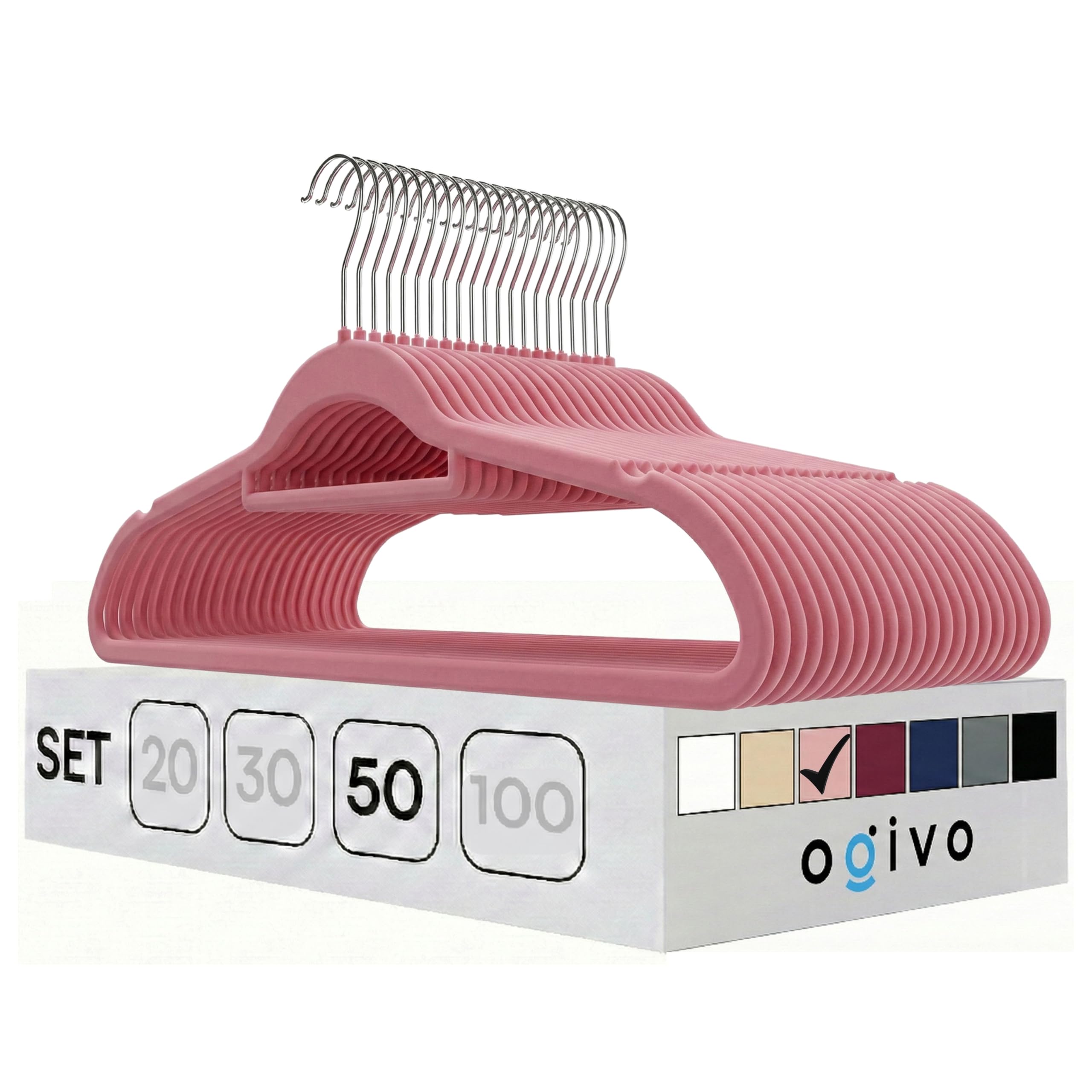 OGIVO Kleiderbügel Samt – 50er Set Hosenbügel rutschfest Bügel aus Samt für Ihre Garderobe – Samtkleiderbügel 360° drehbarer Haken Krawattenhalter & Schulterkerben – Hangers Clothes (Hellrosa)