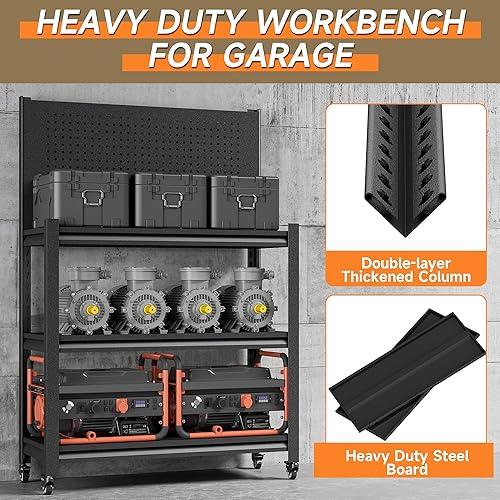 Miniatura 5 de Banco de trabajo con tablero de clavijas, mesa de trabajo ajustable resistente con ruedas, estación de trabajo resistente, banco de trabajo de