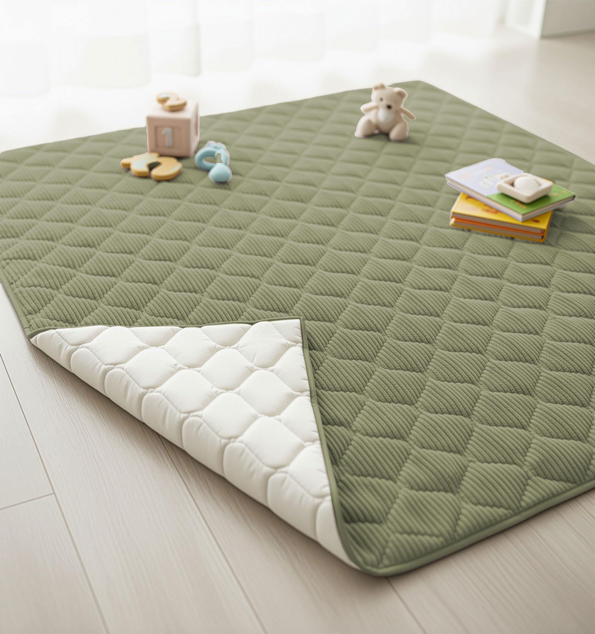 Sanosoft® Krabbeldecke - rutsch- & wasserfeste Krabbelunterlage mit Öko Tex & Made in Germany… (Cord Khaki Grün, 120x120cm)