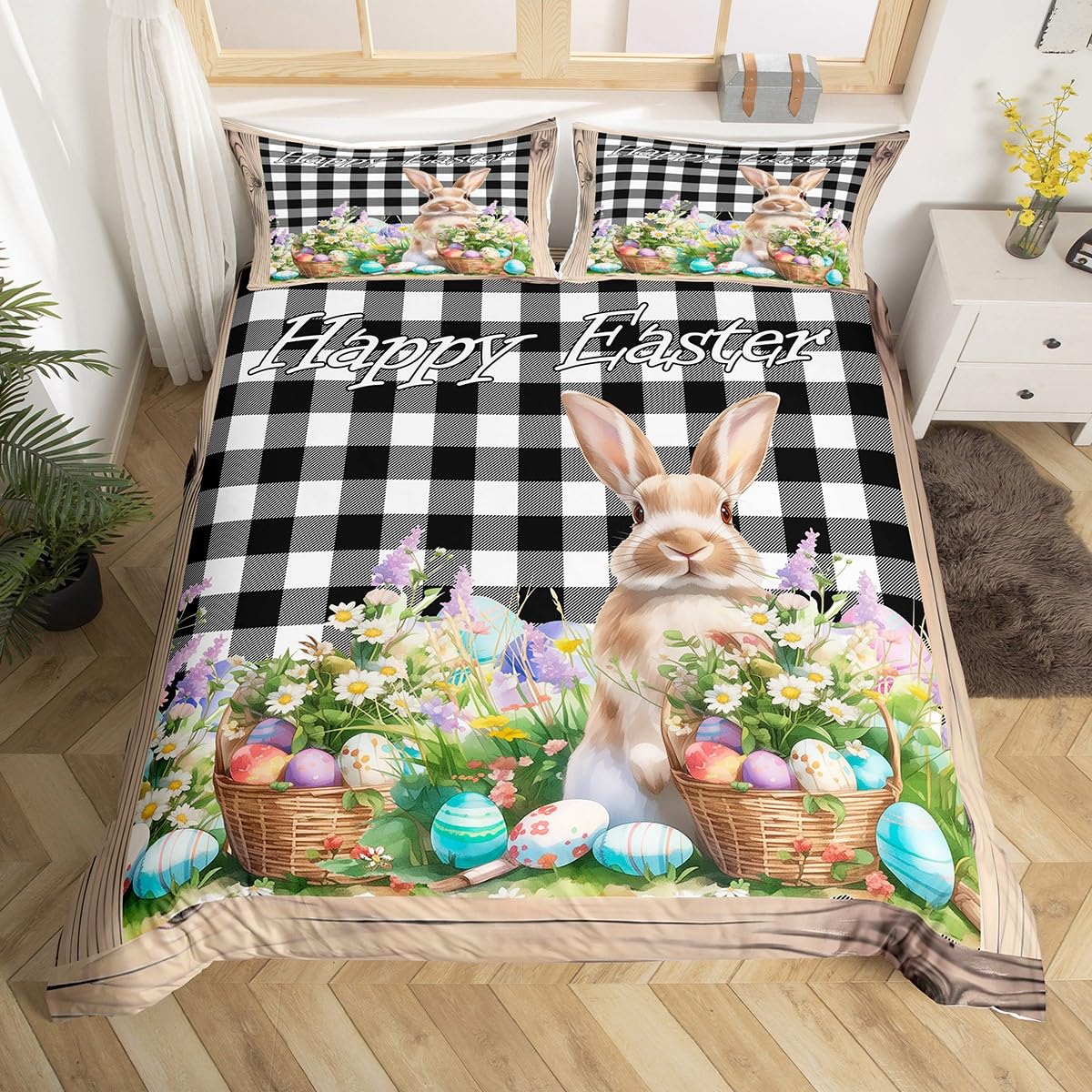 Easter Flower Basket Duvet Cover Set Super King,Wild Rabbits Farmhouse Eggs Bedding Set 3pcs,Rustic Wooden Texture Comforter Cover,Black and White Grids Bedding Set 3 pcs with 2 Pillowcases