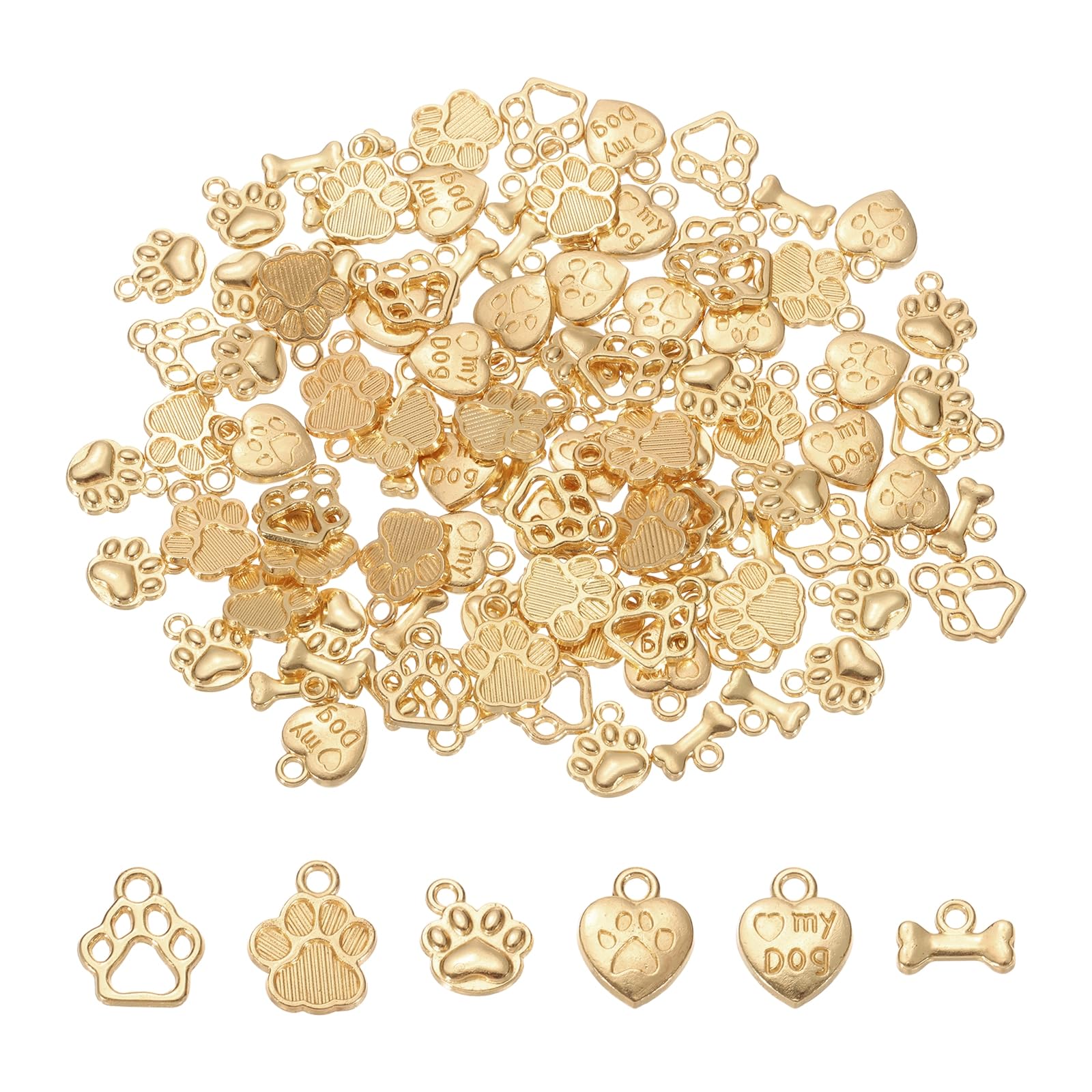 sourcing map 100Pcs 5 Styles Dog Paw Print Charms, Alloy Stripe Style Heart Shape Animal Footprint Pendant Dog Bone Shaped Charms Hollow Dogs Charm for Jewelry Making, KC-Gold