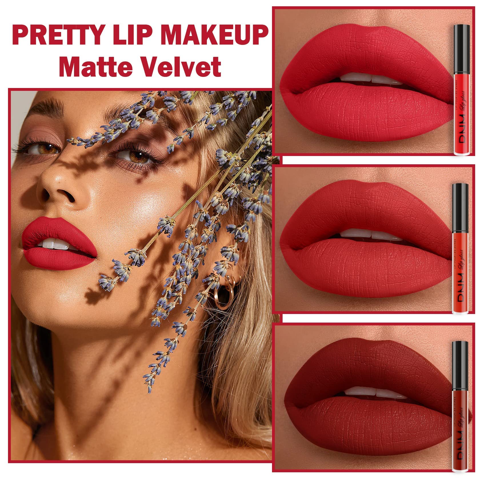 Juego de 3 lápices labiales líquidos color rojo brillante mate, larga duración, 24 brillos de labios impermeables, juego de regalo, maquillaje mate para mujeres (05) 2