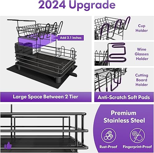 Miniatura 3 de Qienrrae Escurridor de platos para encimera de cocina, de acero inoxidable, 2 niveles, color negro, con escurridor, escurridor de platos grande con
