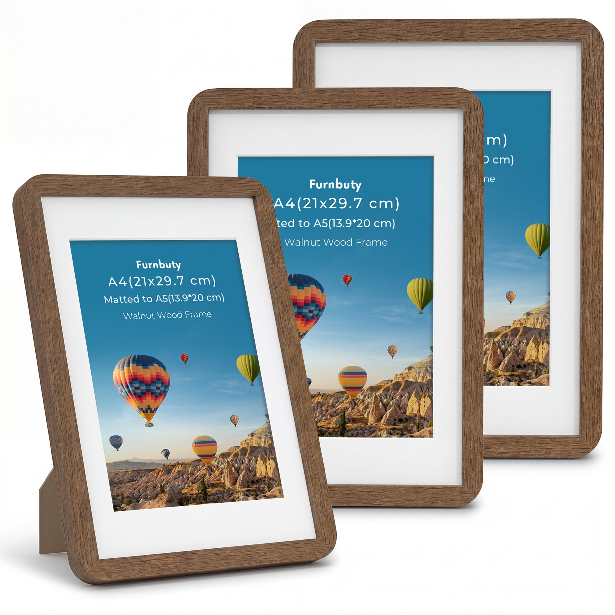 A4 Frame, 3 Packs A4 Picture Frame Walnut Wooden Photo Frame Matted to A5 Frame, Handcrafted Rounded Corner A4 Frame with Stand Tabletop or Wall Hanging for Photos Certificates Art Prints