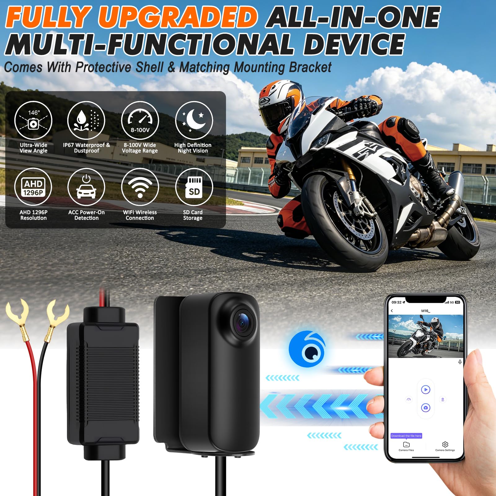 Caméra embarquée 1296P pour Moto, étanche IP67, avec Vision Nocturne et Grand Angle d'ouverture de 146°, caméra 8-100 V, Connexion d'alimentation Via Acc pour Moto/vélo électrique