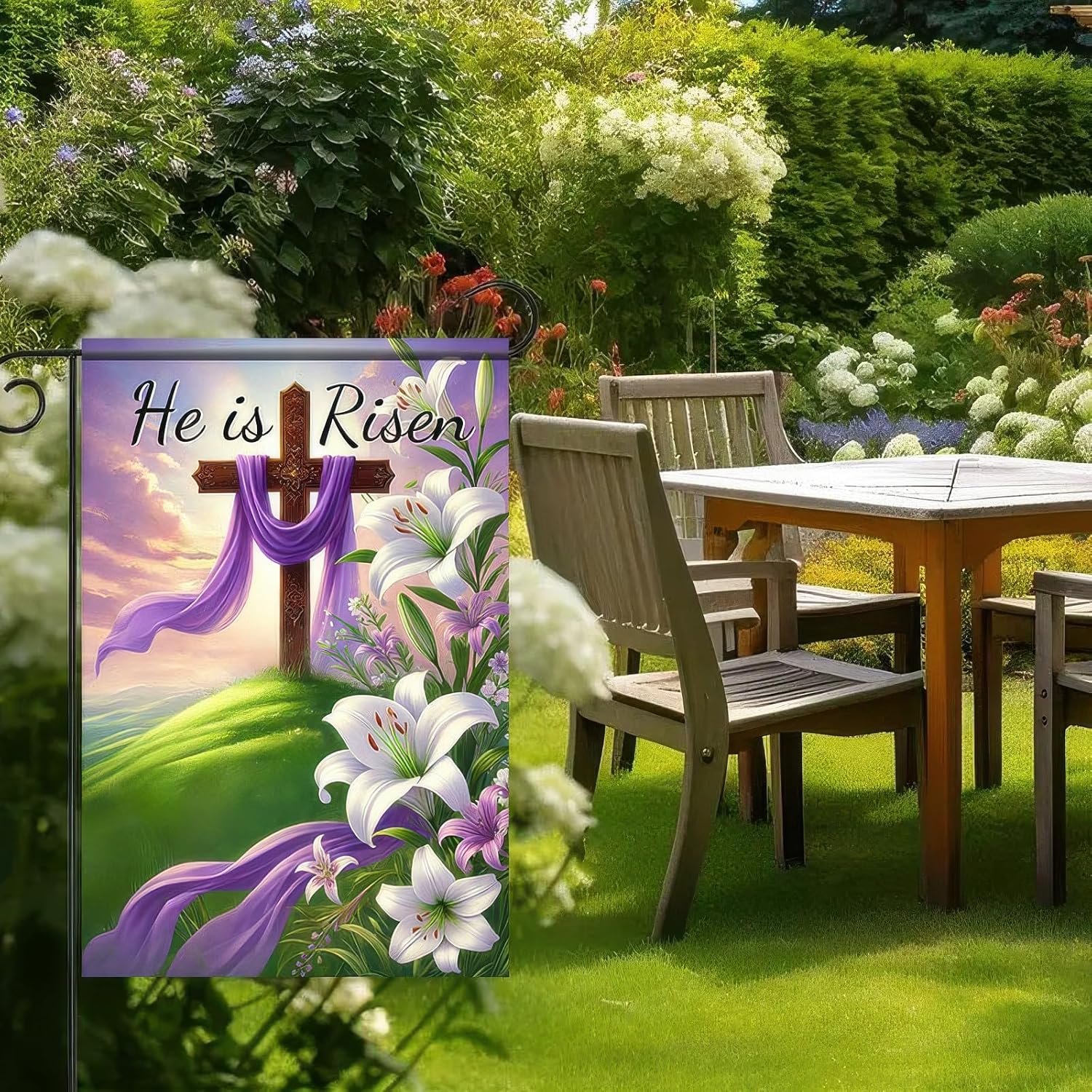 He Is Risen Easter Garden Flag 12x18 Inch Double Sided Religious Garden Flags, Christian Cross Easter Yard Flag Outdoor Spring Decoration for Lawn, Yard & Garden - Image 2