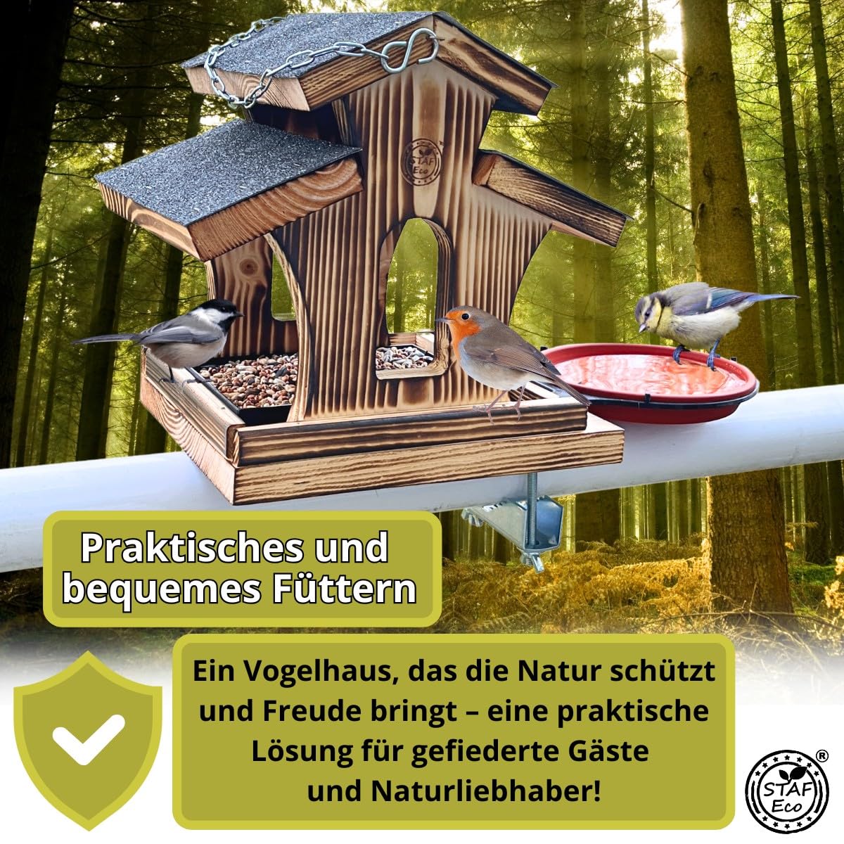 Vogelhaus Balkon Vogelfutterhaus mit 2 x Balkonhalterung und wetterfestem Holz, Vogelhäuschen, Vogelfutterspender Deck Vogelfutter Spender für draußen, Vogeltränke (Vogelhaus2)
