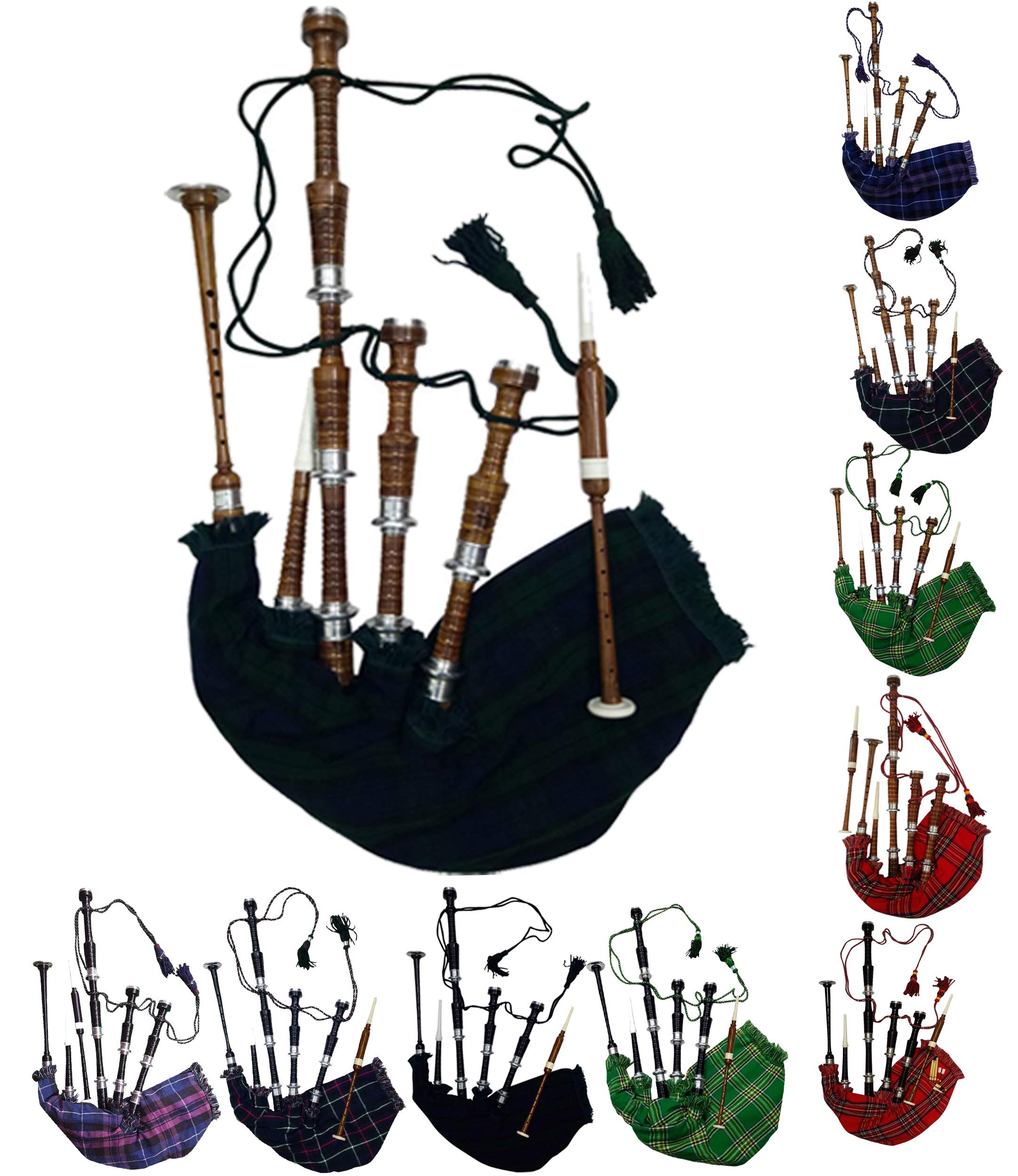 AAR Scottish Highland Bagpipe Silver Mounts BLACK WATCH Cover & Cord Natural Finish Rosewood with Tutor Book