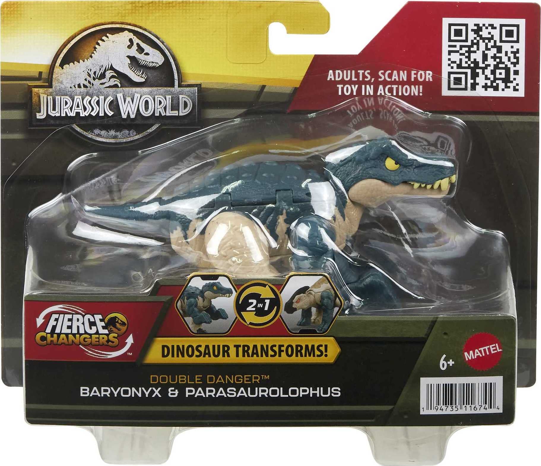 Jurassic World Dinosaur Transforming Toy, 11 Step Baryonyx to Parasaurolophus Double Danger 2 in 1 Toy, Fierce Changers, HLP09