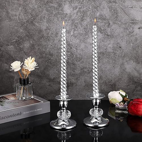 Miniatura 6 de OwnMy 2PCS Silver Metal Taper Candlestick Holders Vintage Brass Taper Candle Holders, Metal Crystal Candle Stands Elegant Candlestick Holders Set