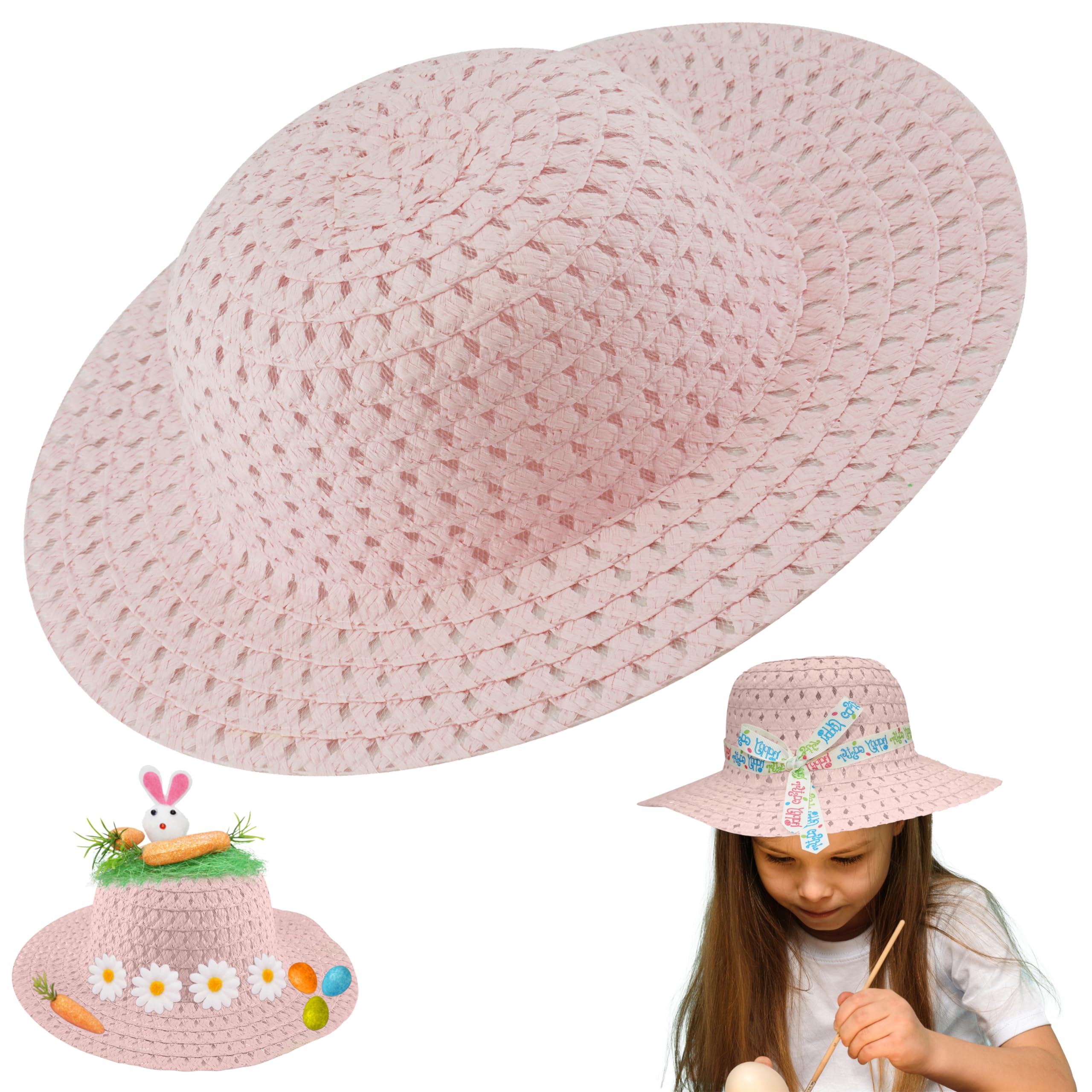 HOVUK Springtime Easter Straw Bonnet Hat, Pink Hat Art and Craft, Easter Egg Hunt Bonnet Summer Hat Base to Decorate DIY Easter Hat for Easter Event Parties, Novelty Costume, Size – 52cm