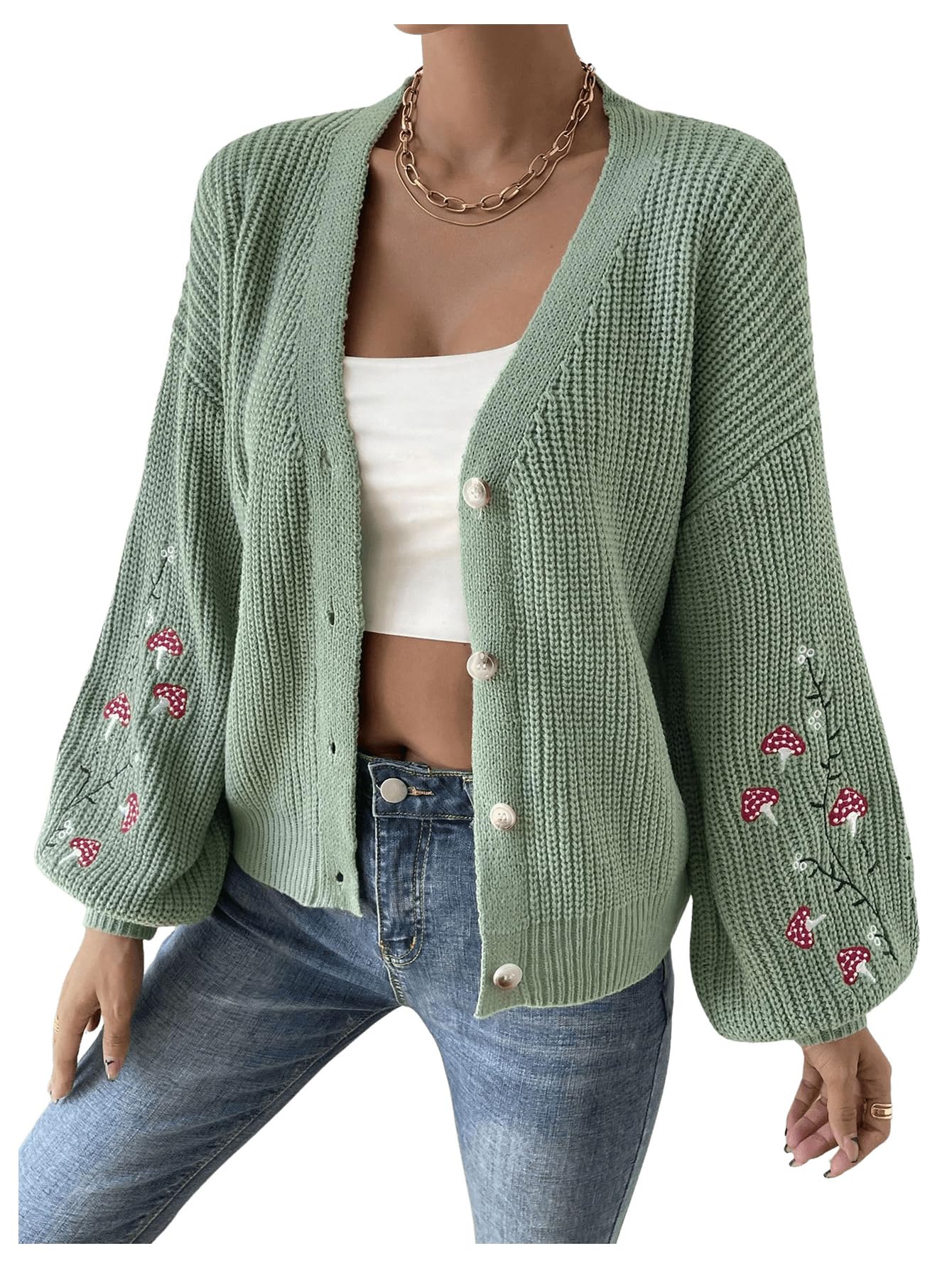 SHENHE Womens Embroidery Cardigan Drop Shoulder Button Front Duster Knit Sweater