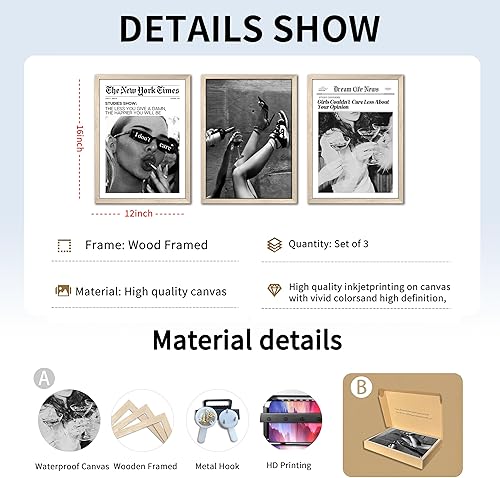 Miniatura 3 de Trendy The New York Times Wall Art 12x16in Wood Framed, Black and White Elegant Urban Feminist Canvas Posters, Retro Trendy Cocktail Girly Posters