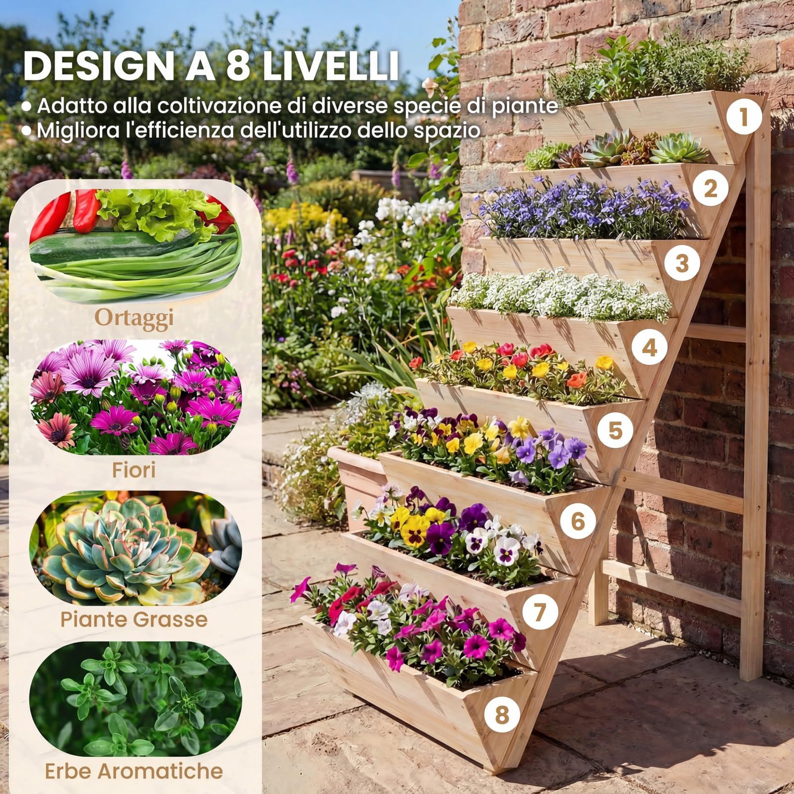 COSTWAY Fioriera Rialzata a 8 Livelli, Aiuola Verticale a Forma di V in Legno di Abete, Telaio Triangolare Indeformabile, Orto Rialzato da Esterno o Interno per Piante, Fiori, Verdure