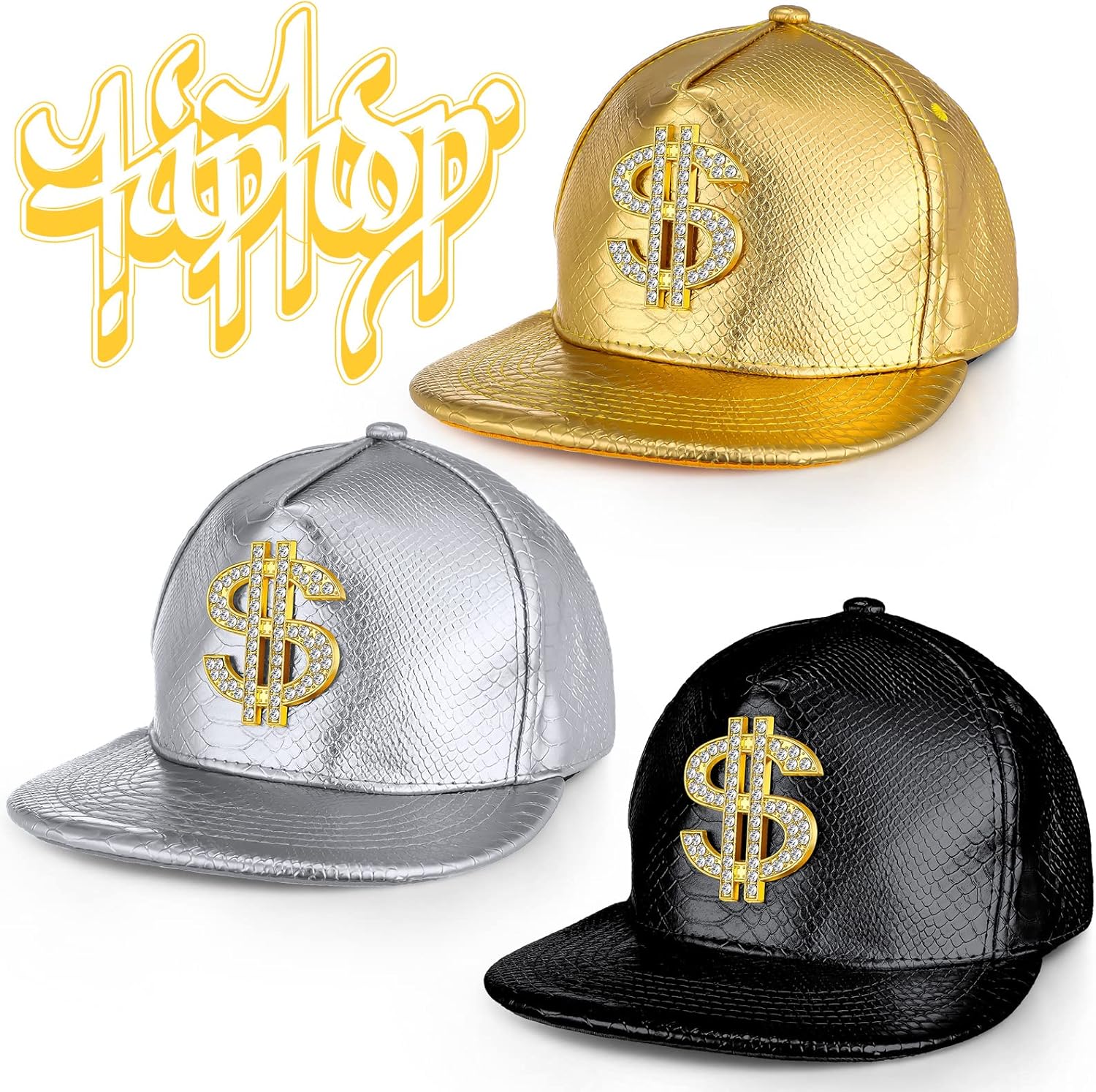 Zhanmai 3 Pieces Funny Hat Gold Rapper Hat 80s 90s Adjustable Hip Hop Hat Dollar Sign Gold Snapback Hat Leather Brimmed Baseball Cap for Men