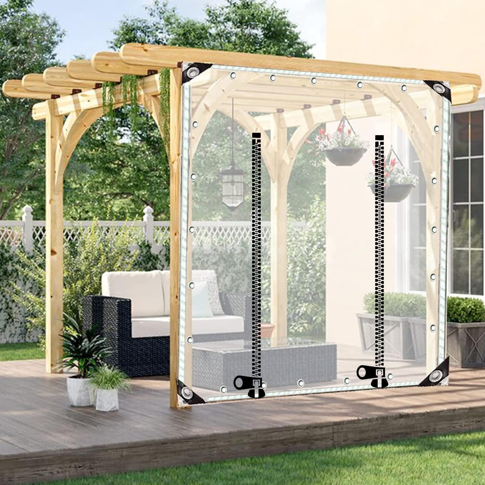 Rideaux de séparation extérieurs transparents pour profiter du patio et de la pergola en hiver