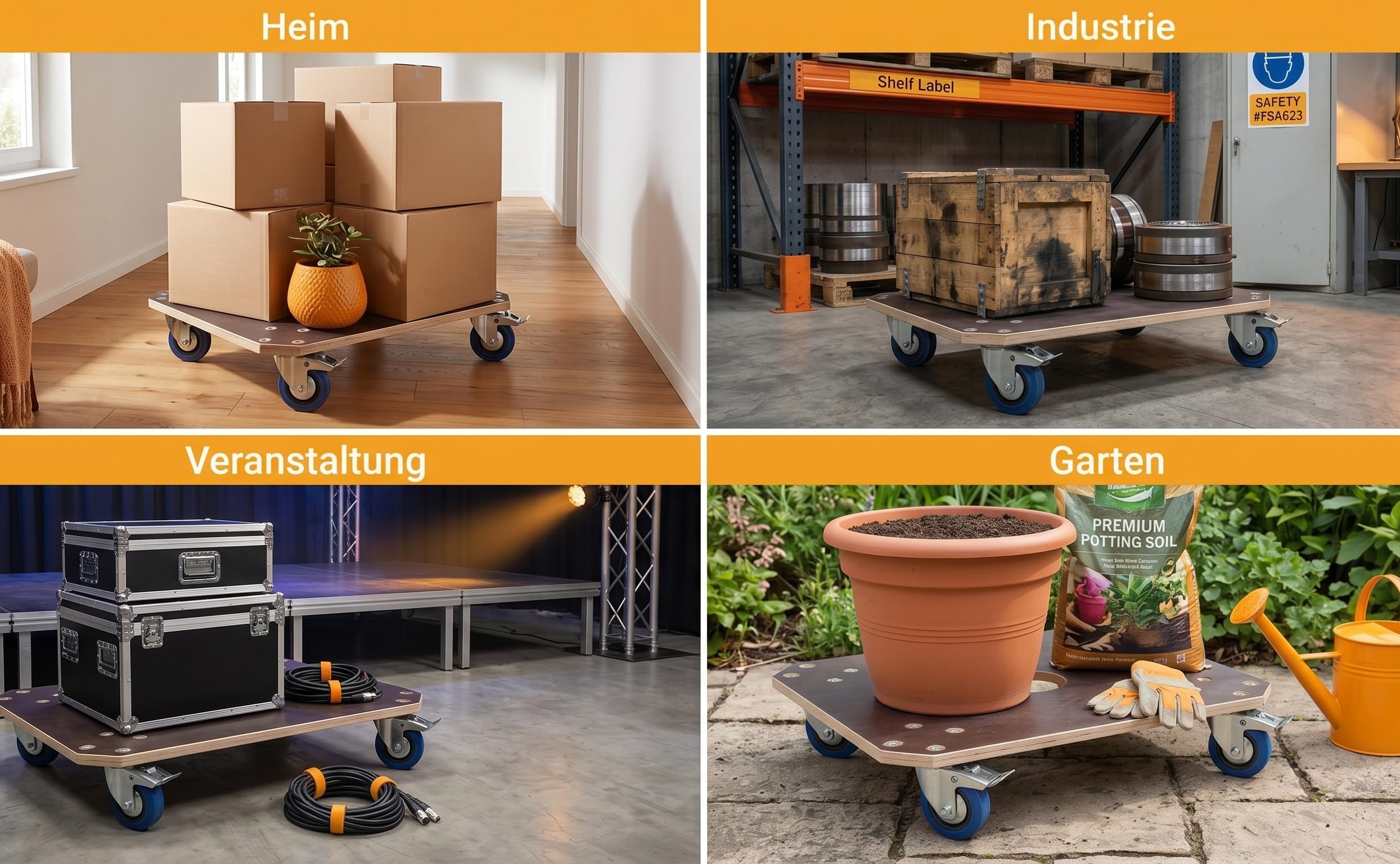 Profi Rollbrett - 450 kg Traglast – Profi Dolly mit 2 Feststellbremsen – 60x50x15 cm Transportwagen für Möbel, Maschinen und Werkstatt – Antirutsch-Oberfläche – Made in Germany