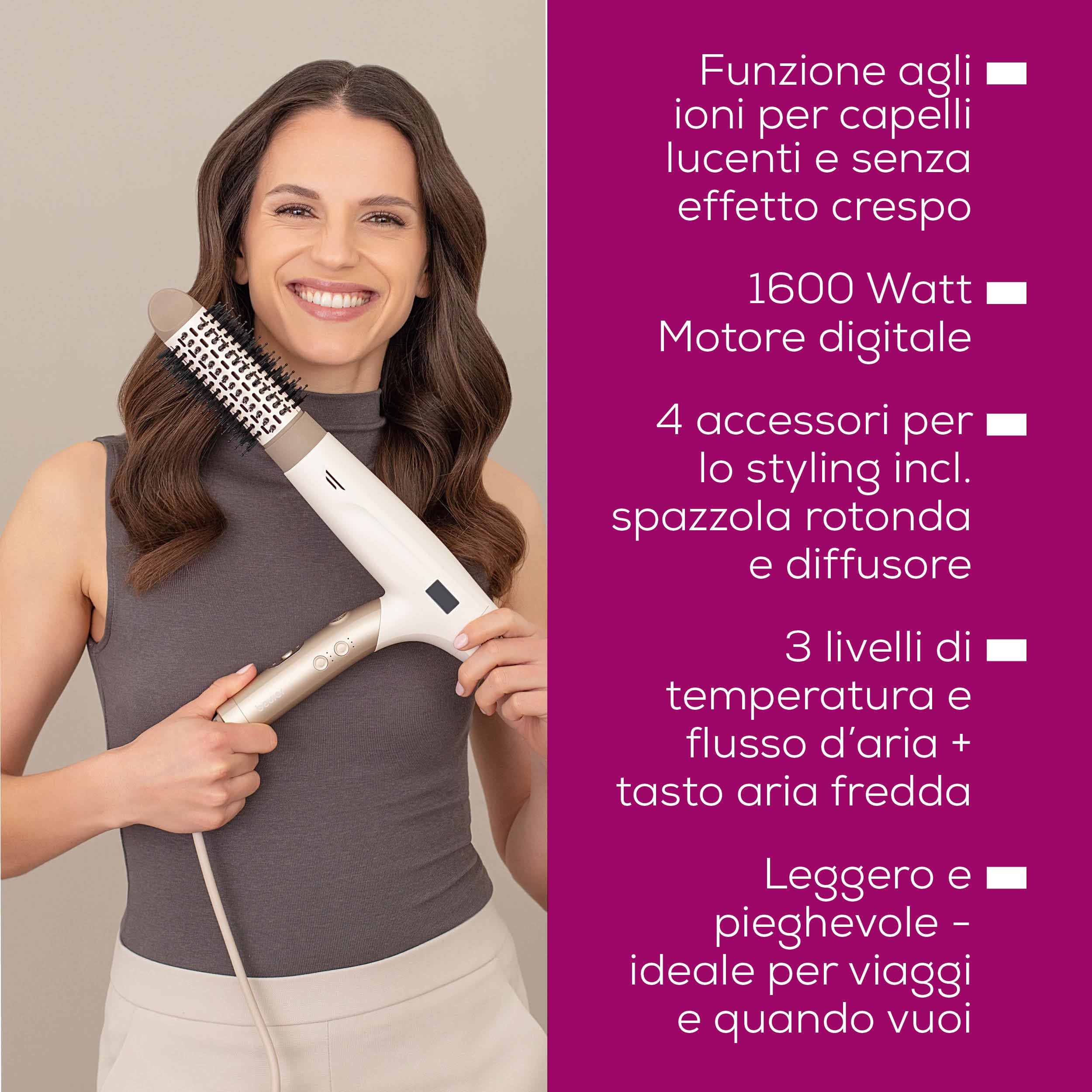 Beurer HC 150 FusionDry Pro Asciugacapelli, phon ultraleggero con potente motore digitale, manico pieghevole ergonomico ideale per i viaggi, funzione agli ioni, incl. 4 accessori per lo styling