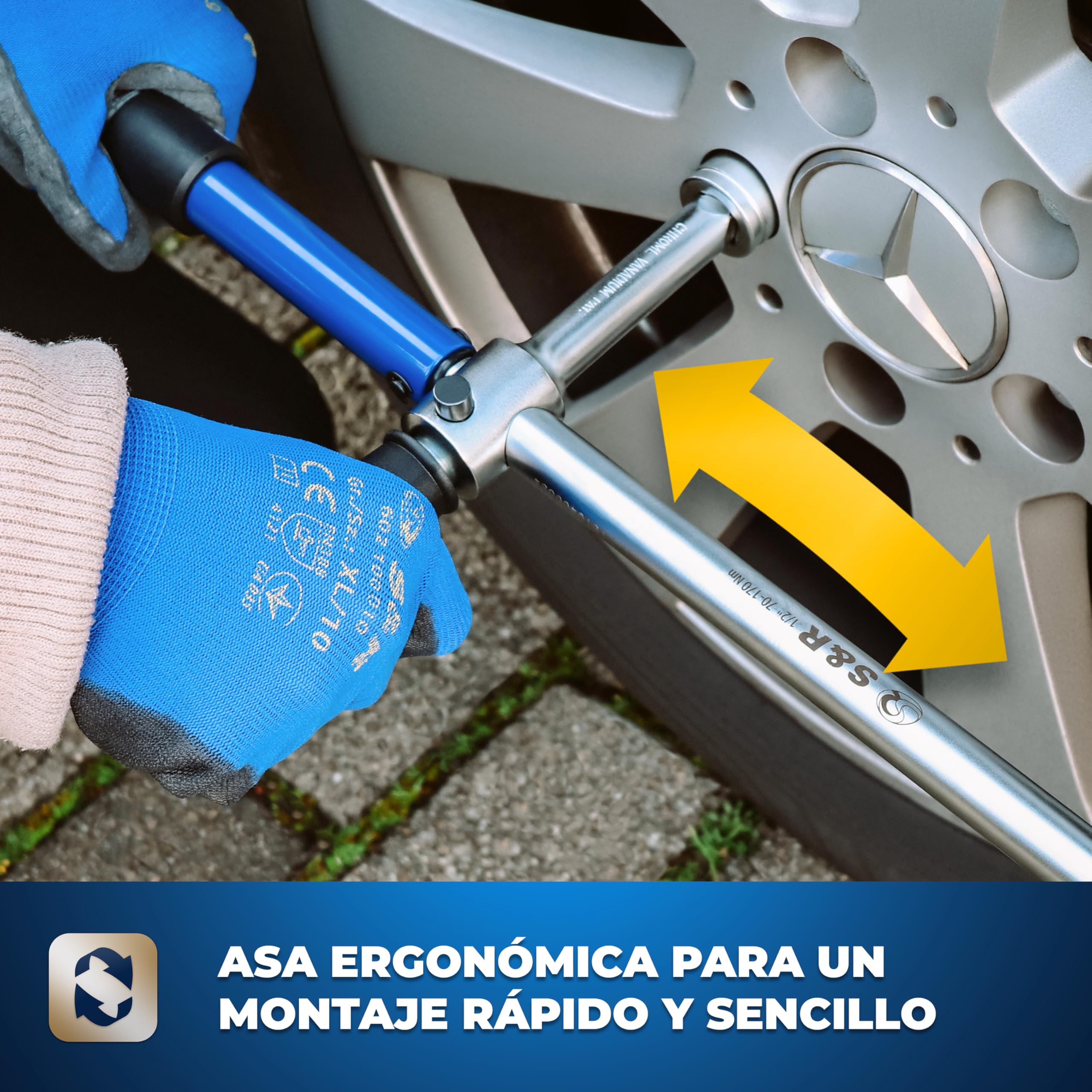 S&R Llave Dinamométrica 1/2 (70-170 Nm) Llaves Ruedas Auto Cruzada de 23.5 cm para Coches. Llave cruzada con 3 zócalos de 17, 19, 21 mm en acero CR-V en Caja Sólida