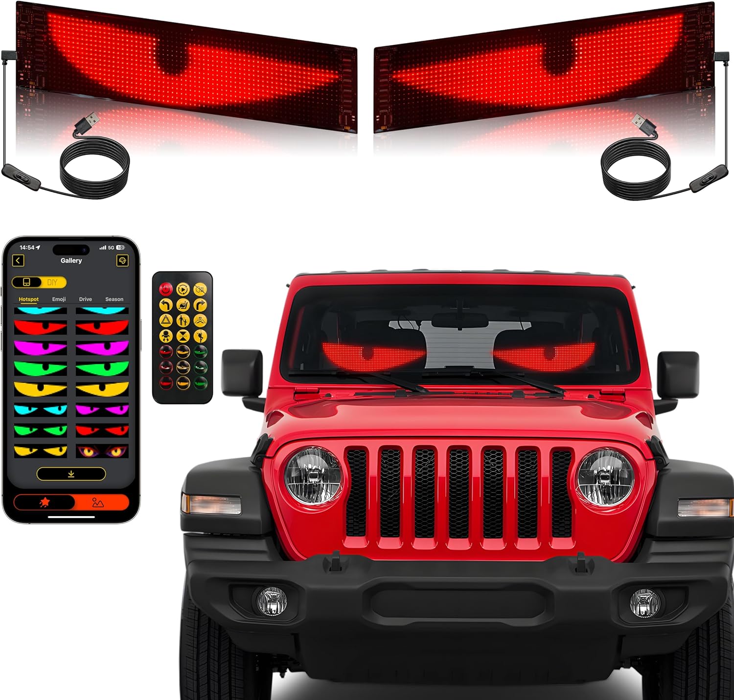 2PCS 23.4in*4.73in Devil Eyes Light for Windshield,Flexible LED Eyes for Car Windshield,Programmable RGB Full Light led Sign Smart APP Control Custom Text DIY Pattern,Flexible Car Lights Interior