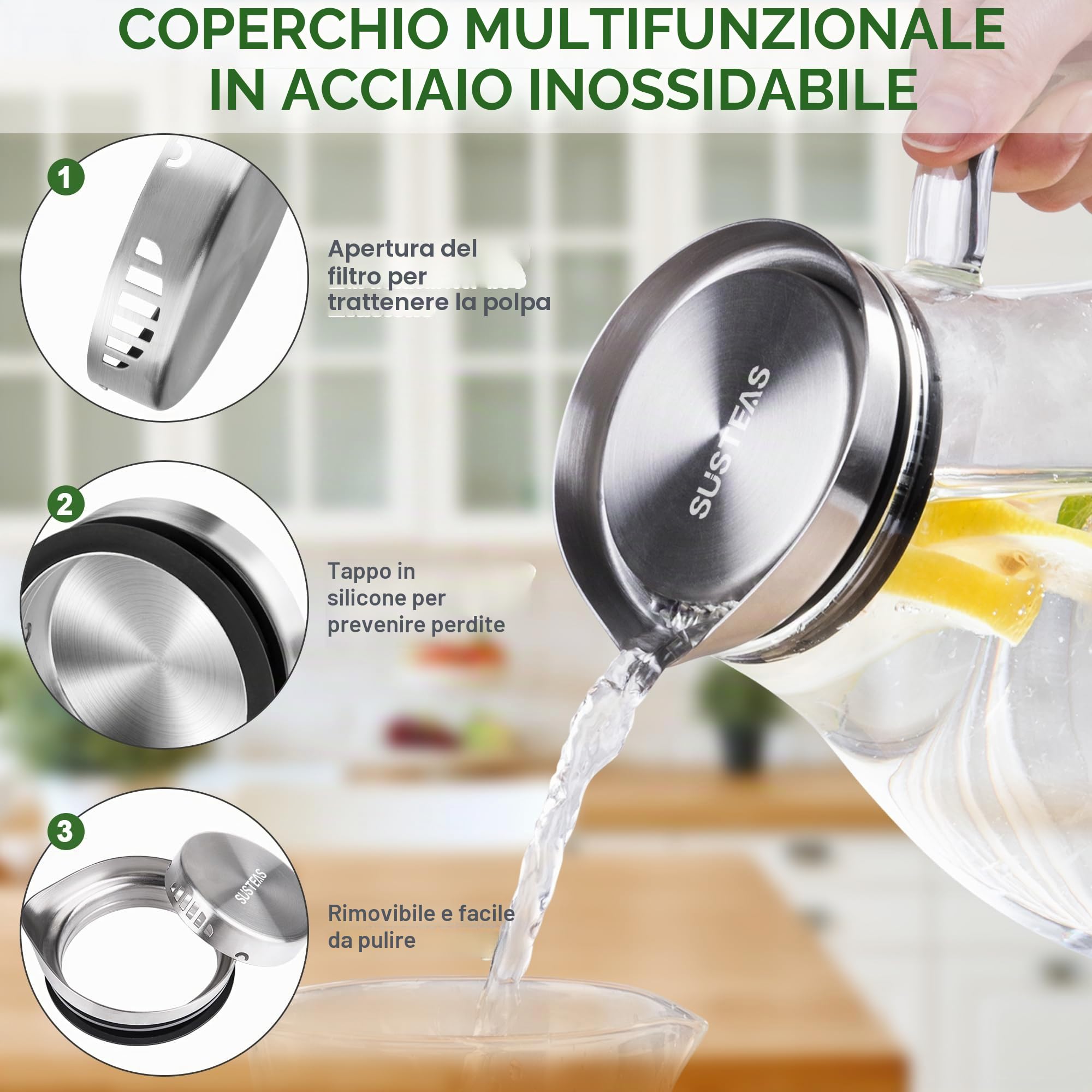 SUSTEAS Caraffa in vetro da 2 litri con coperchio e beccuccio, caraffa per acqua, brocca da tè ghiacciata, per bevande casa/tè ghiacciato/latte/caffè/vino di servizio