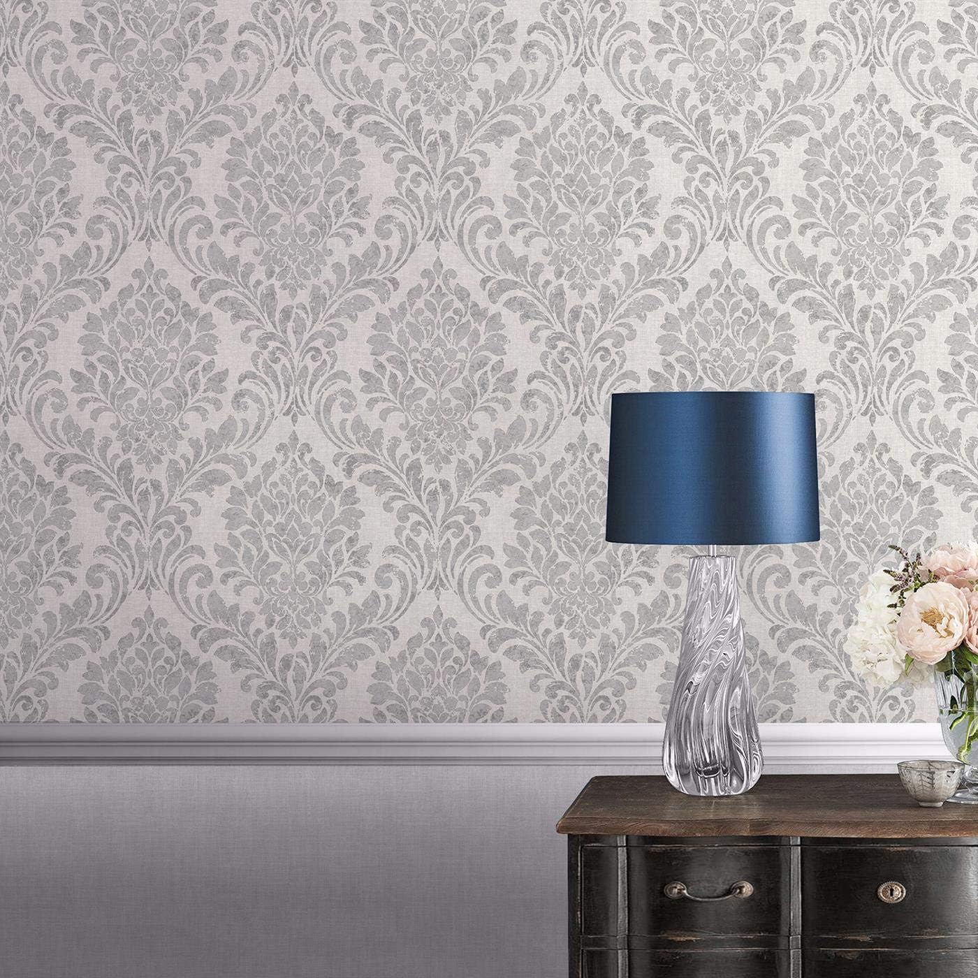 YöL Eleanor Damask Wallpaper Darcy James Classic Metallic Grey