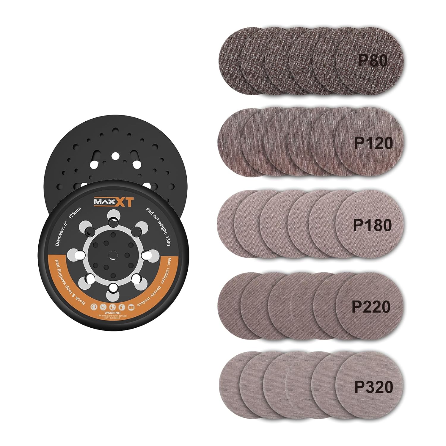 MAXXT 5" Hook & Loop DA Sander Backing Plate Pad 30 Sandpaper, Dual