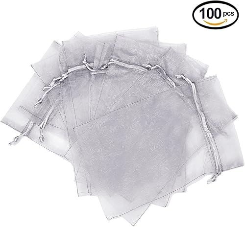 Miniatura 7 de Wudygirl 100 bolsas de organza gris transparente de 5 x 7 pulgadas con cordón, bolsas de joyería transparentes para fiestas, bodas, vacaciones,