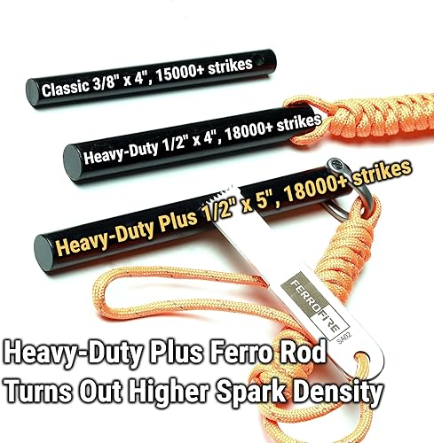 Miniatura 9 de FERROFIRE FS124 Large Ferro Rod Fire Starter with 12 Inch Thick x 4 Inch Long Drilled Flint Ferrocerium Rod Carbon Steel Striker and Orange 550