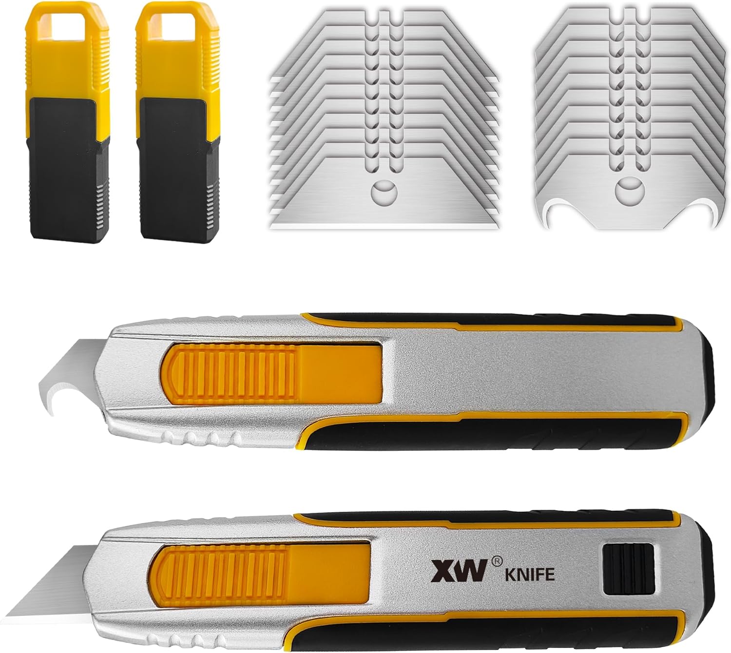 XW Dual Blade Safety Utility Knife Auto Retractable Box Cutter with Blade Storage, Extra 10 PCS Utility Blades & 10 PCS Hook Blades Included