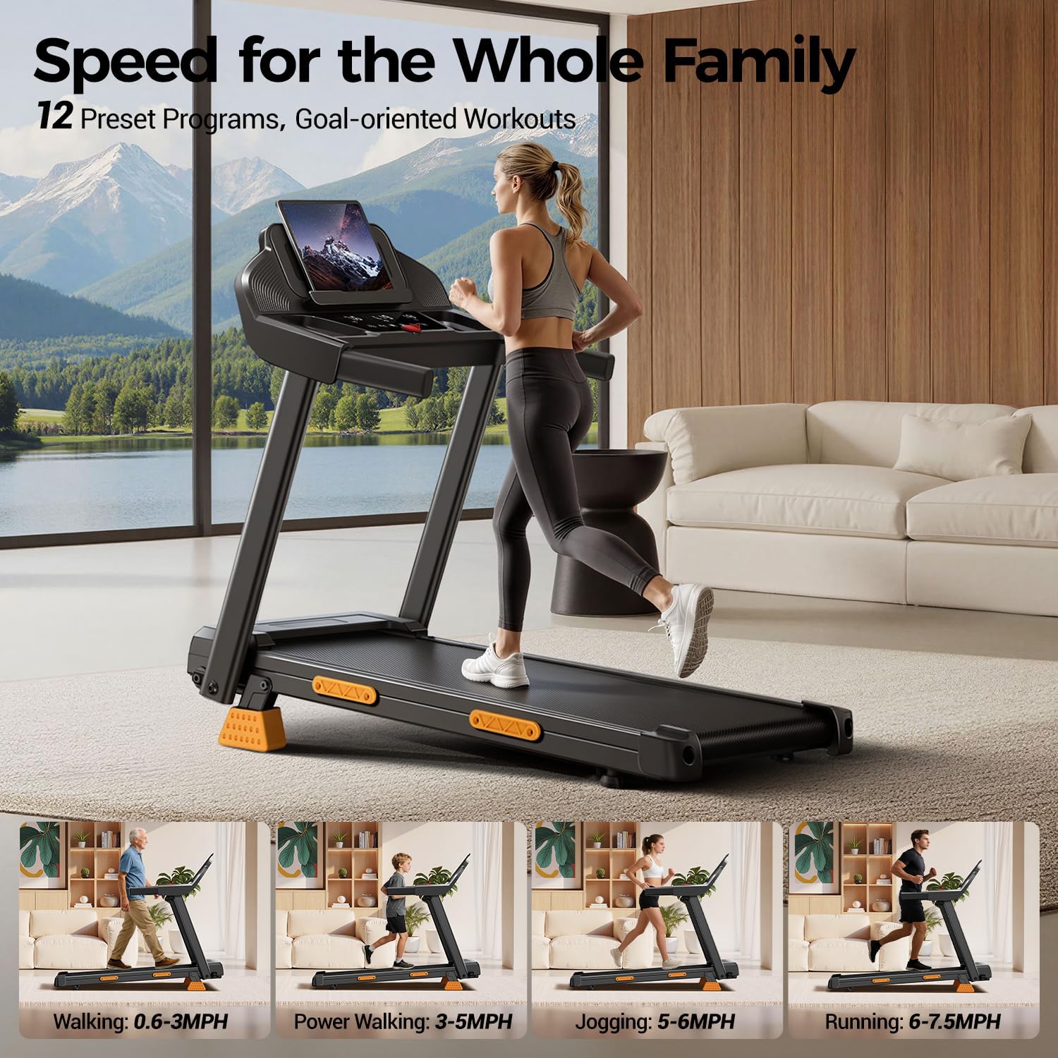 Person walking on the treadmill, showing different speed ranges for various activities