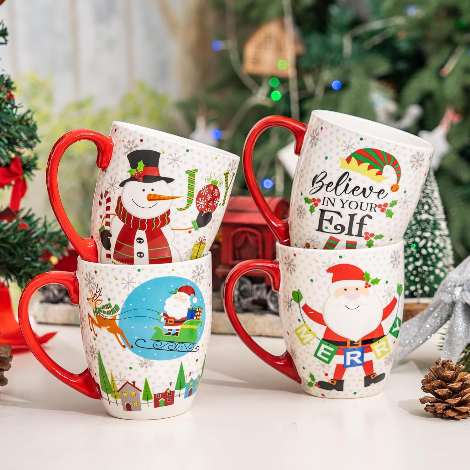 Topadorn Christmas Coffee Mug Ceramic Xmas Mug Porcelain Latte Tea Cup With Lid 17oz., Christmas Mug Set of 4