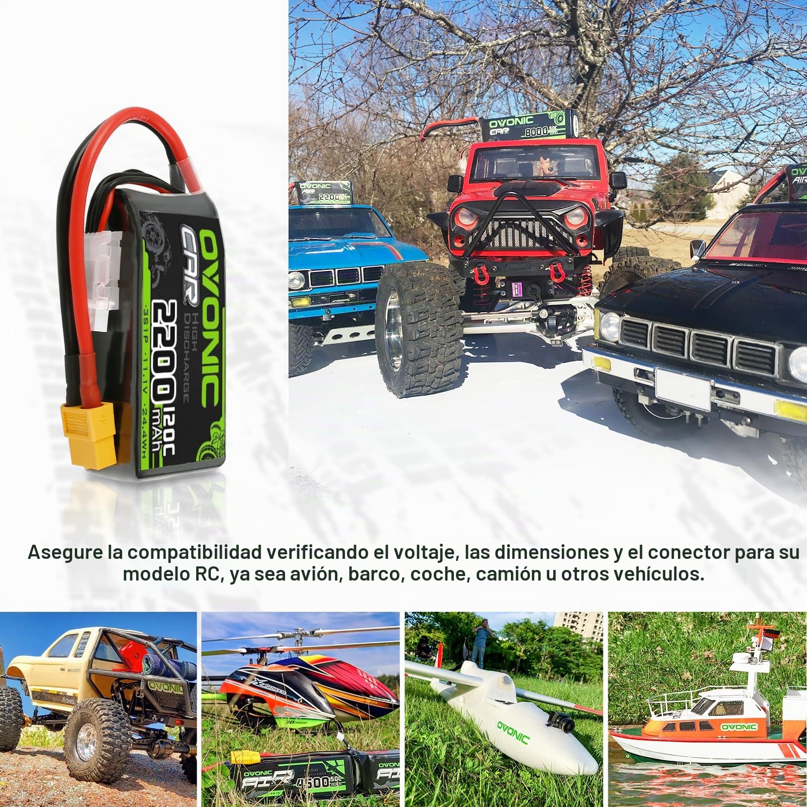 OVONIC 3s Lipo - Batería de polímero de litio (11,1 V, 120 C, 2200 mAh, con conector XT60, para helicóptero de avión teledirigido 1:14, 2 unidades)