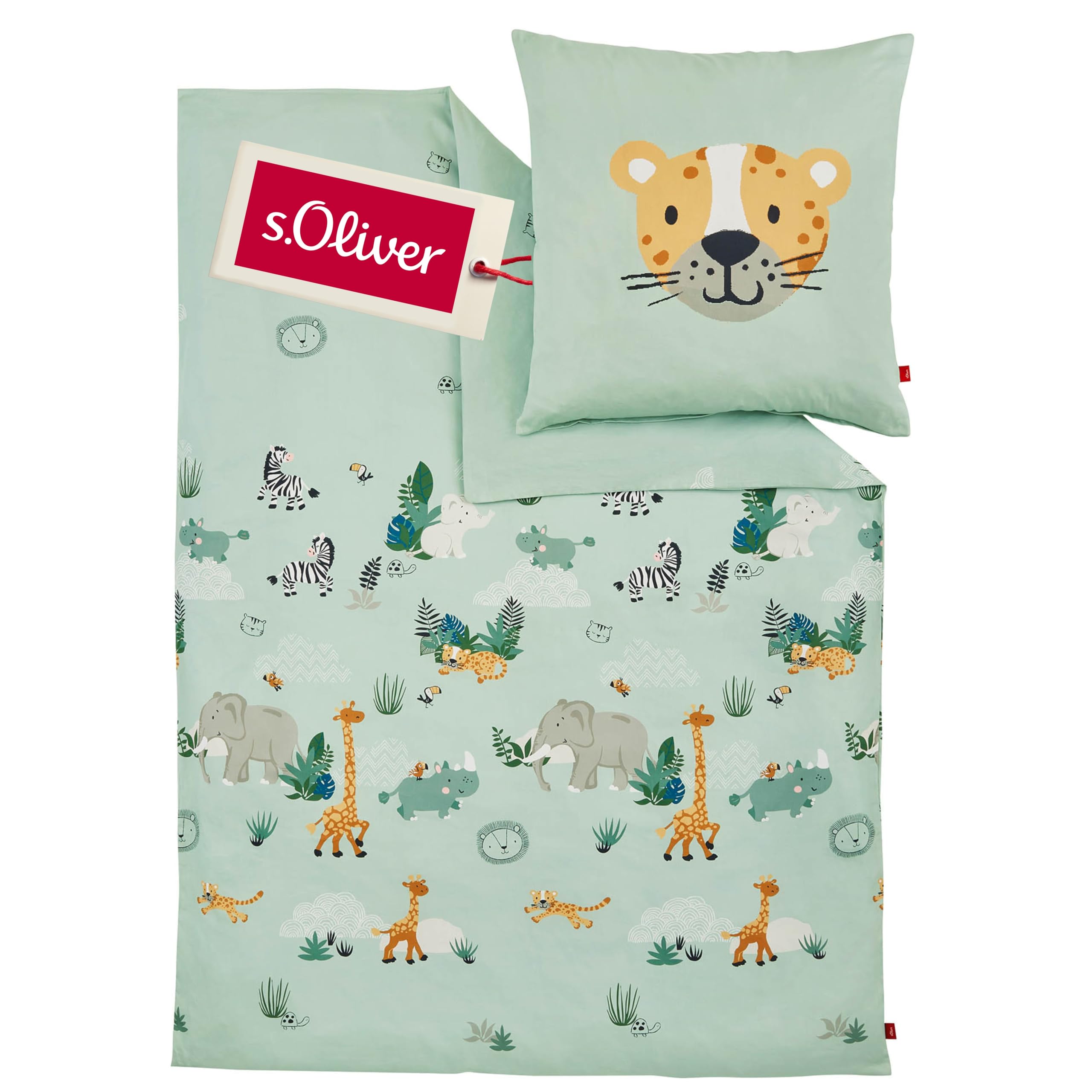 s.Oliver Kinderbettwäsche Tiere 135x200 cm - 100% Baumwolle, praktischer Reißverschluss & maschinenwaschbar, Bettwäsche für Kinder 2tlg. Zootiere hellgrün
