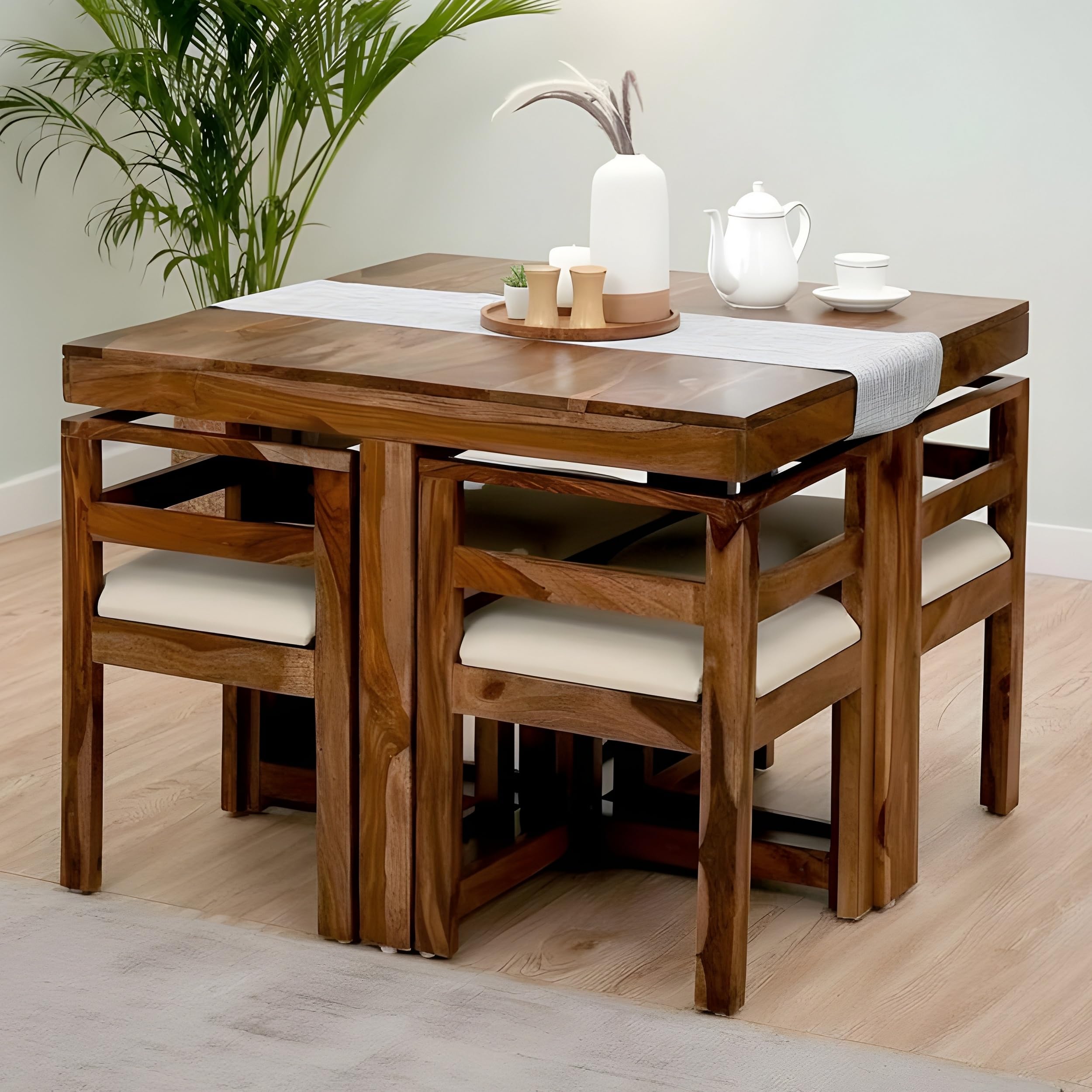 Ikiriya Kingston Sheesham Wood Accent 4 Seater Dining Table Set with Natural Teak Finish & Jute White Cushioning for Dining Room | Home | CAF | Resort | Hotel-image-40