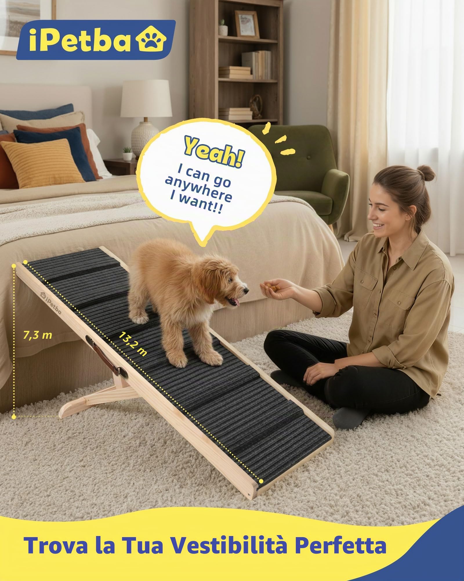 Rampa per Cane per Letto & Divano per Piccoli & Medi Cani – Rispetto per le Articolazioni, Antiscivolo, Regolabile, Senza Odori, Fino a 32 kg
