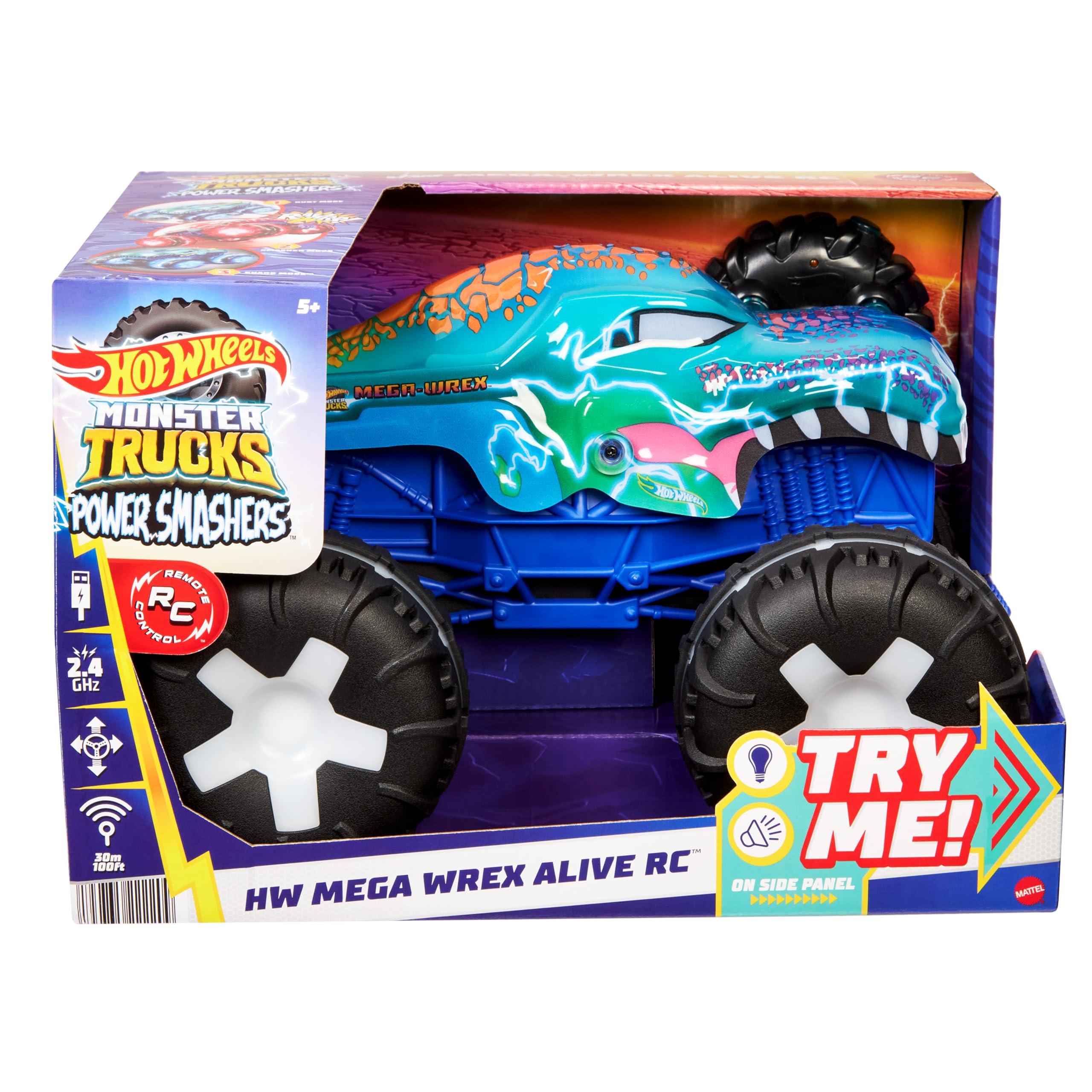 Hot Wheels Monster Trucks Macchina Telecomandata - Mega-Wrex oversize R/C, truck radiocomandato in scala 1:15 con 3 modalità di gioco, luci e suoni interattivi, giocattolo per bambini, 5+ anni, JBD90
