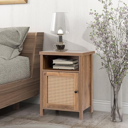 Miniatura 6 de CUhwxCU Juego de 2 mesitas de noche de ratán, mesa auxiliar, mesita de noche con puerta y estante decorados de ratán natural hecho a mano, mesa
