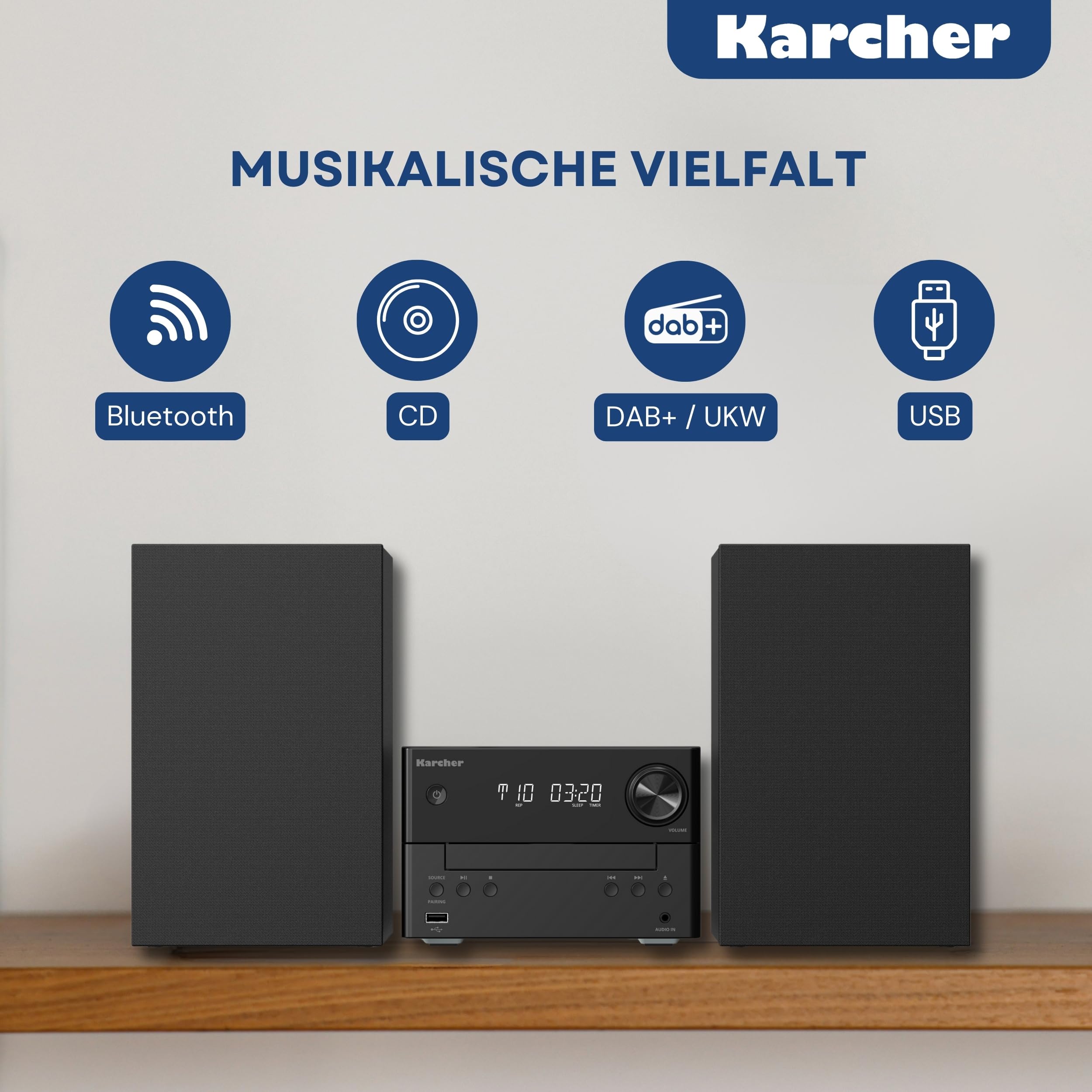 Karcher MC 6475D Stereoanlage Kompaktanlage mit CD-Player, DAB+ / UKW Radio, Bluetooth 5.4, MP3-Wiedergabe via USB/AUX, Musikcenter mit 20 Watt RMS, Wecker & Fernbedienung