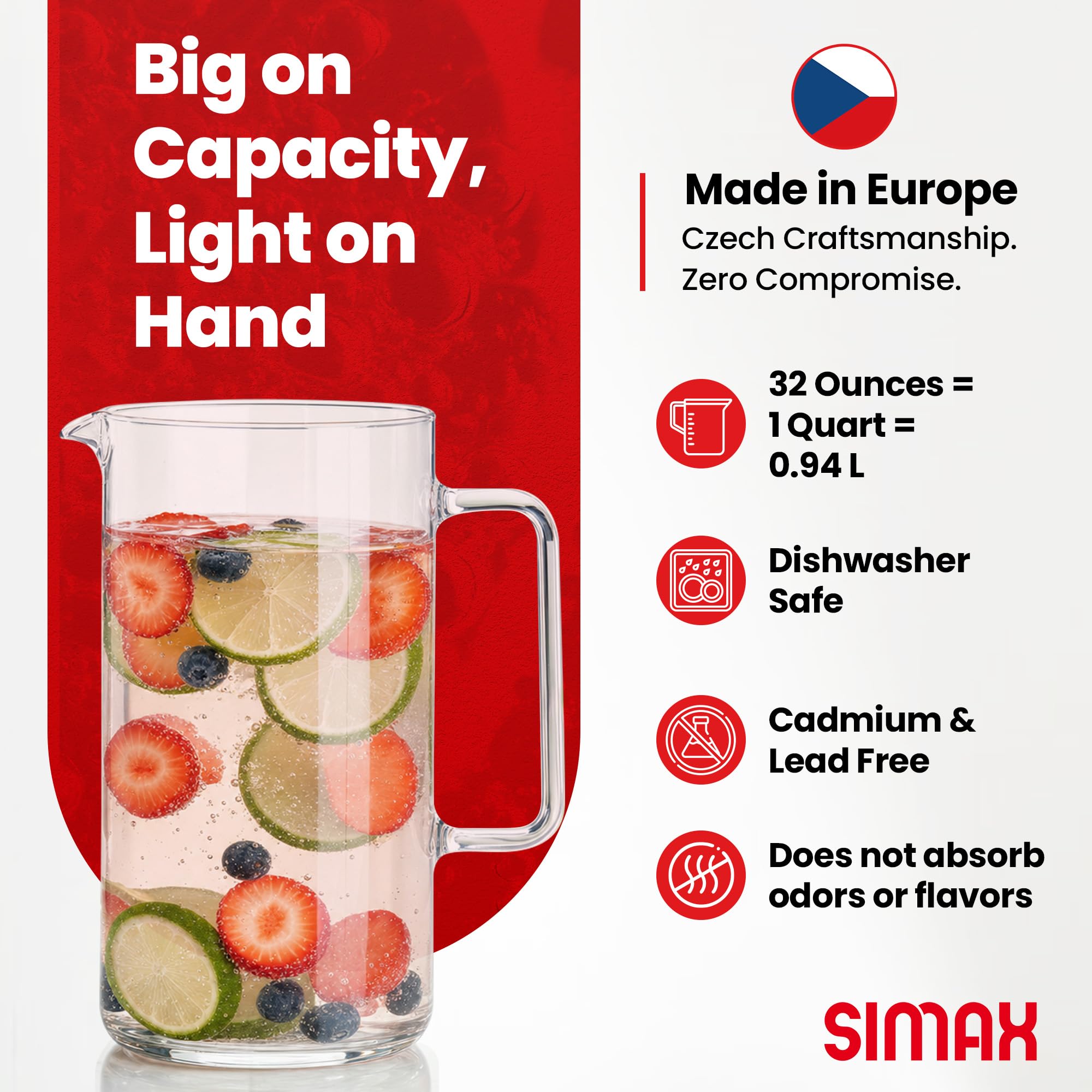 Simax Glassware Dzbanek do zimnych napojów, z przezroczystego szkła, nadaje się do mycia w zmywarce, cylindryczny cylinder o pojemności 1 czwartej