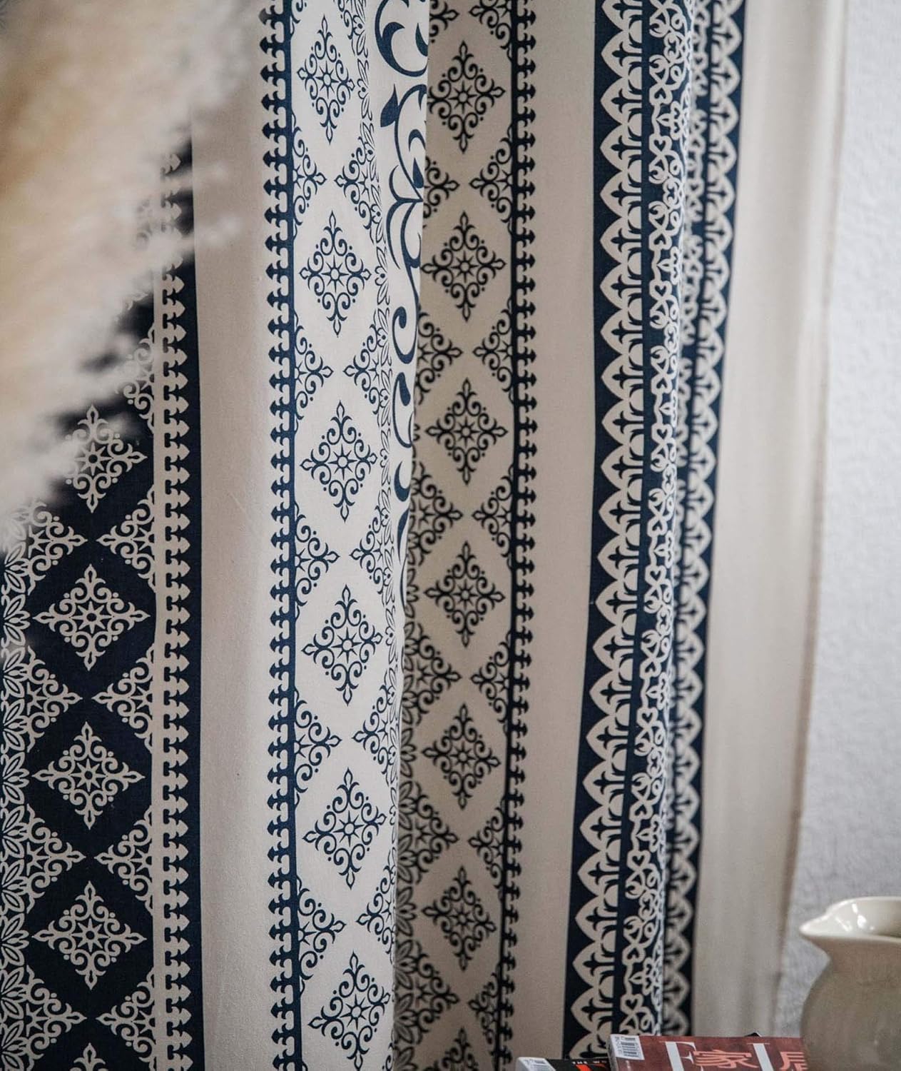 Boho Cotton Linen Window Curtain Panel Geometric Print Country Style Room Darkening Curtain Drapes for Bedroom Living Room, 1 Piece (Navy, W59 x L71, 1 Panel)