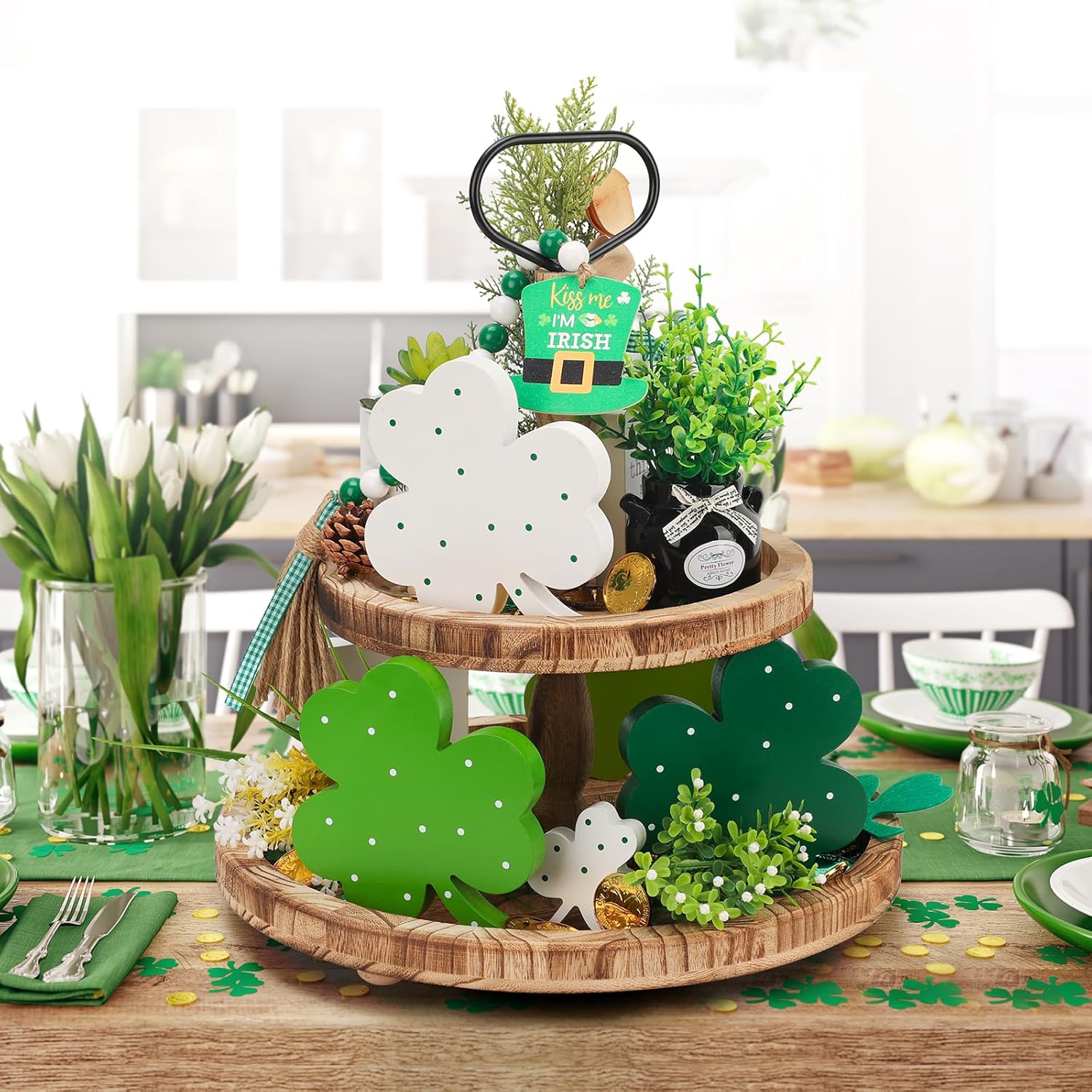 AKEROCK St Patricks Day Decor, Wooden Shamrock Decor for Table, Tiered Tray, Office Desk, Mantle Saint Patricks Day Decorations for the Home, 4 PCS Shamrock Decorations - Image 3
