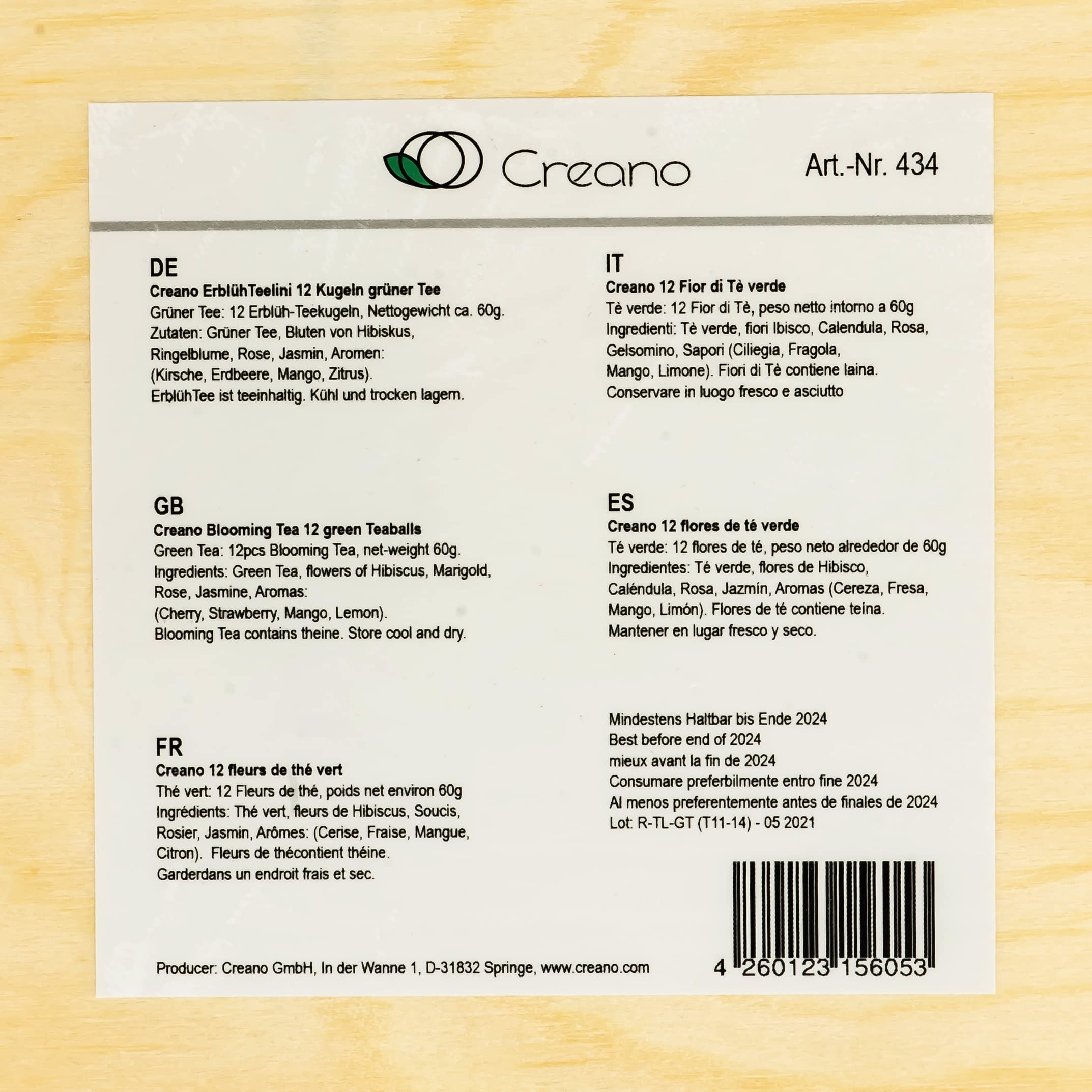 Creano Fiori di Tè Tèlini in un Formato di Tazza - Set regalo in una Scatola da Tè di legno - 12 fior di Tèlini di 4 Tipi diversi - Tè verde