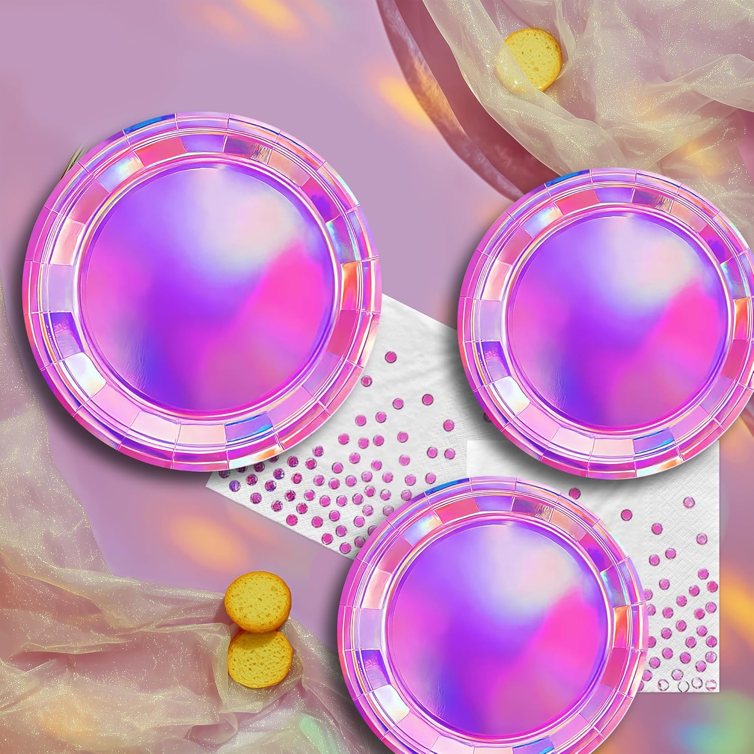 Pink Iridescent Plates and Napkins Party Decorations, Metallic Shiny Hot Pink Holographic Paper Dinner Plate, Dessert Plate, Napkin, for Mermaid Birthday Baby Shower Bridal Wedding, Serves 24 - Image 7